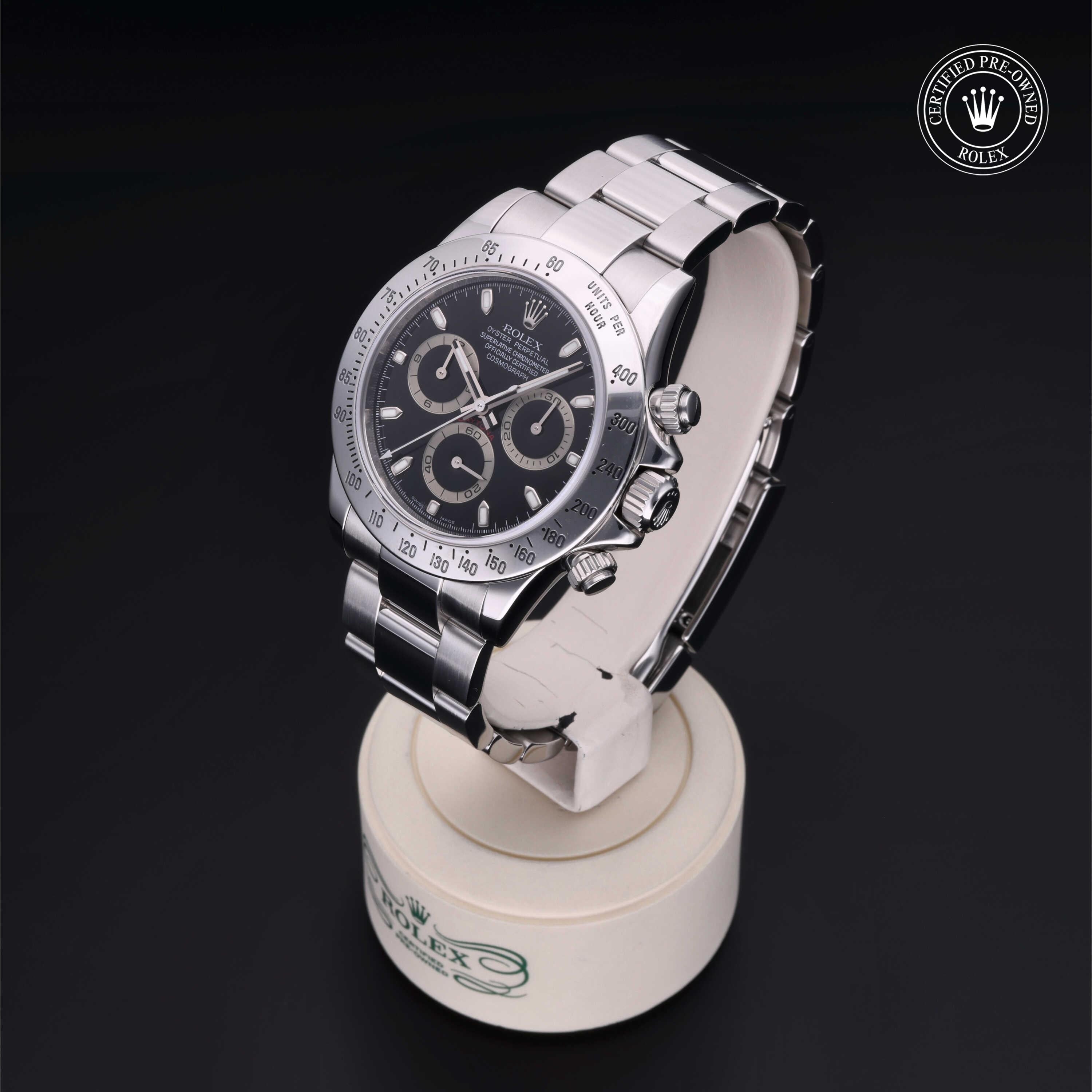 Rolex Certified Pre-owned Daytona M116520-0015 front on black background