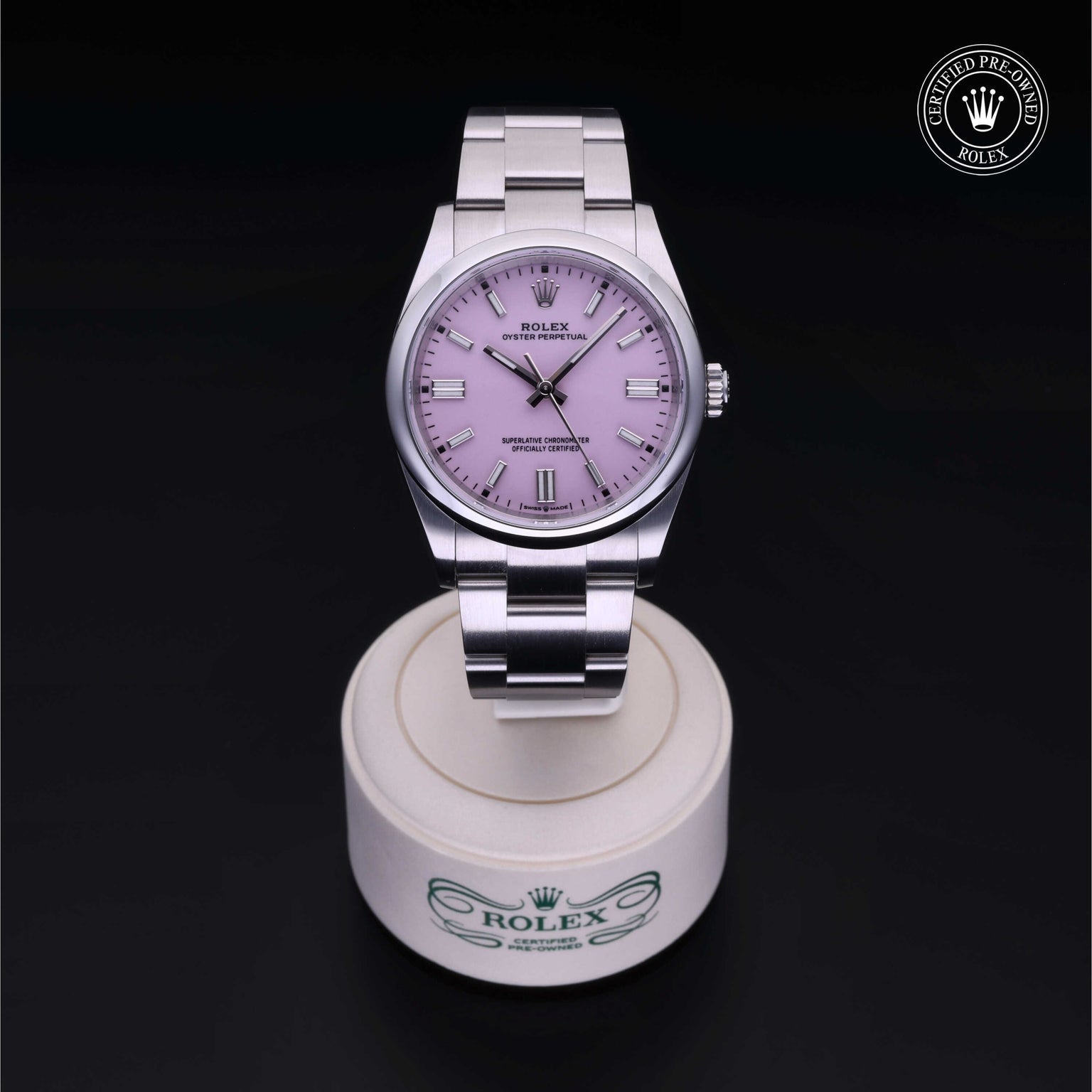 Rolex Certified Pre-owned Oyster Perpetual M126000-0008 front on black background