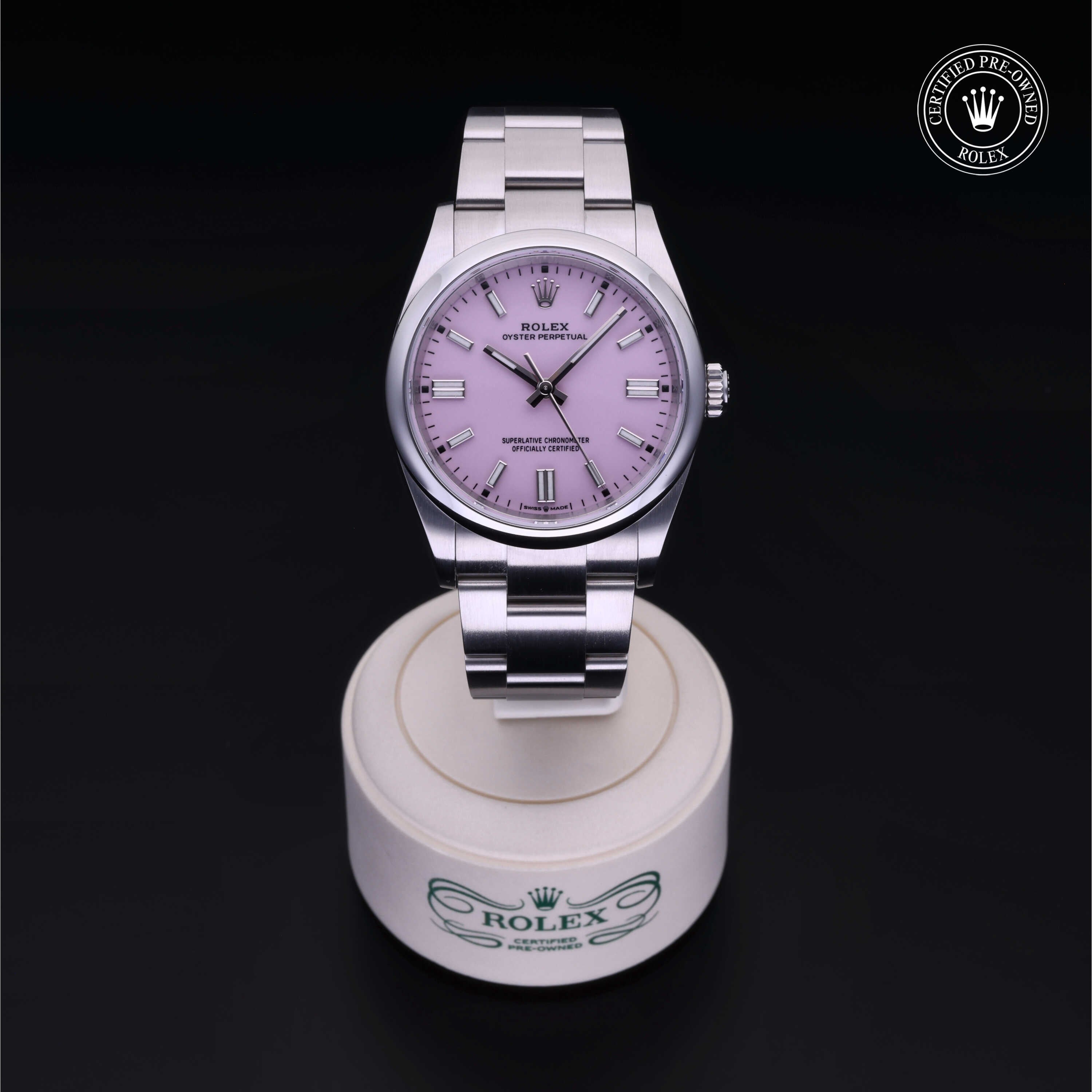 Rolex Certified Pre-owned Oyster Perpetual M126000-0008 front on black background