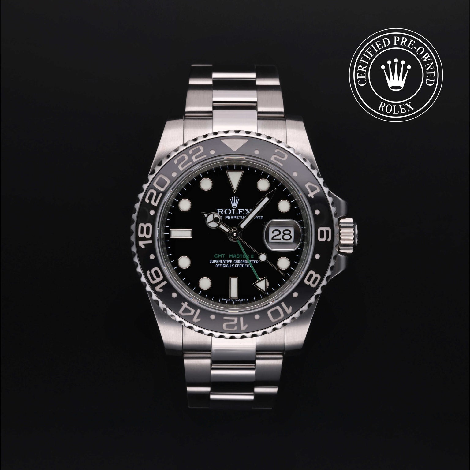 Rolex Certified Pre-owned GMT M116710LN-0001 front on black background