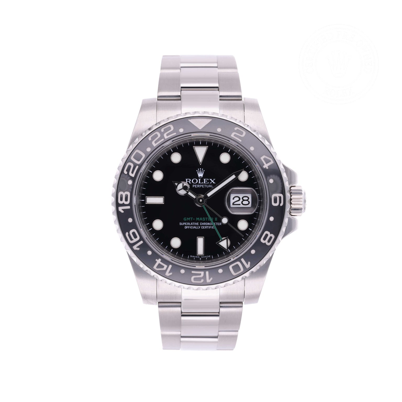 Rolex Certified Pre-owned GMT M116710LN-0001 front on white background