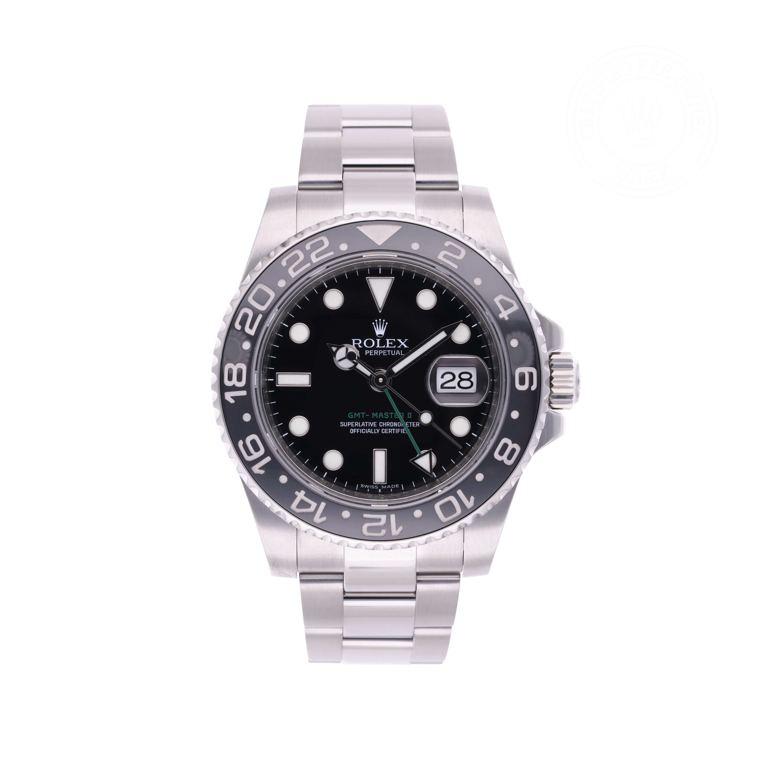 Rolex Certified Pre-owned GMT M116710LN-0001 front on white background