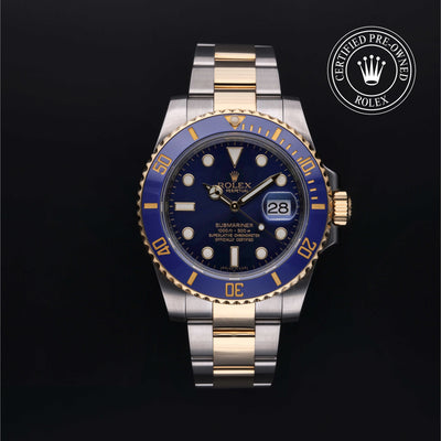 Rolex Certified Pre-owned Submariner M116613LB-0005 front on black background