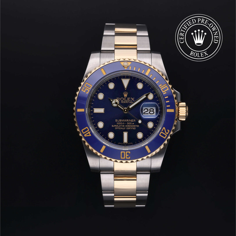 Rolex Certified Pre-owned Submariner M116613LB-0005 front on black background