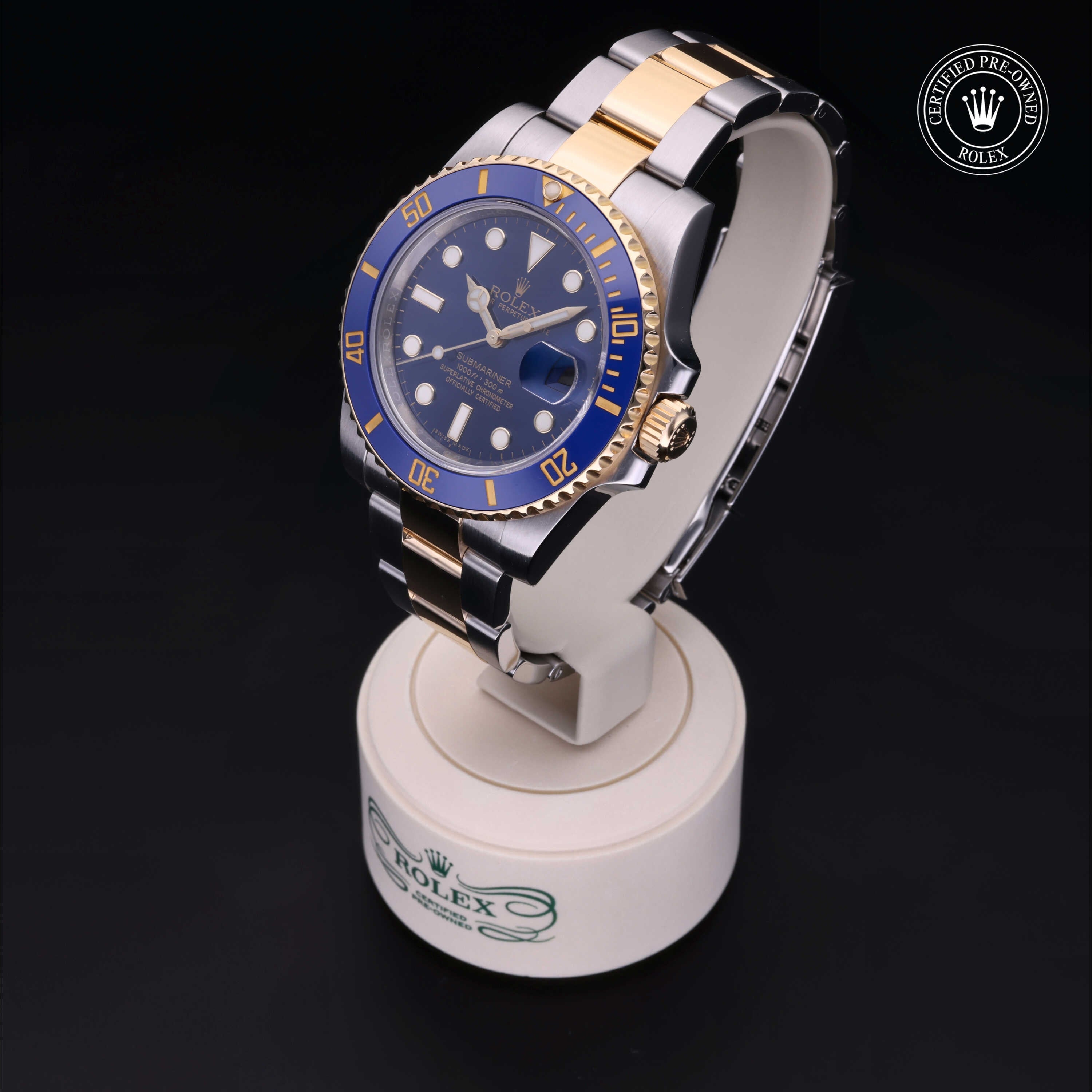 Rolex Certified Pre-owned Submariner M116613LB-0005 front on black background