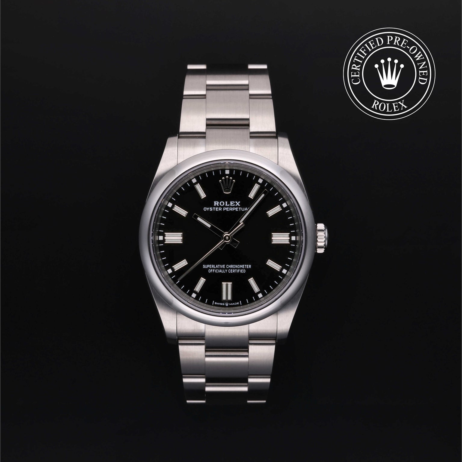 Rolex Certified Pre-owned Oyster Perpetual M126000-0002 front on black background