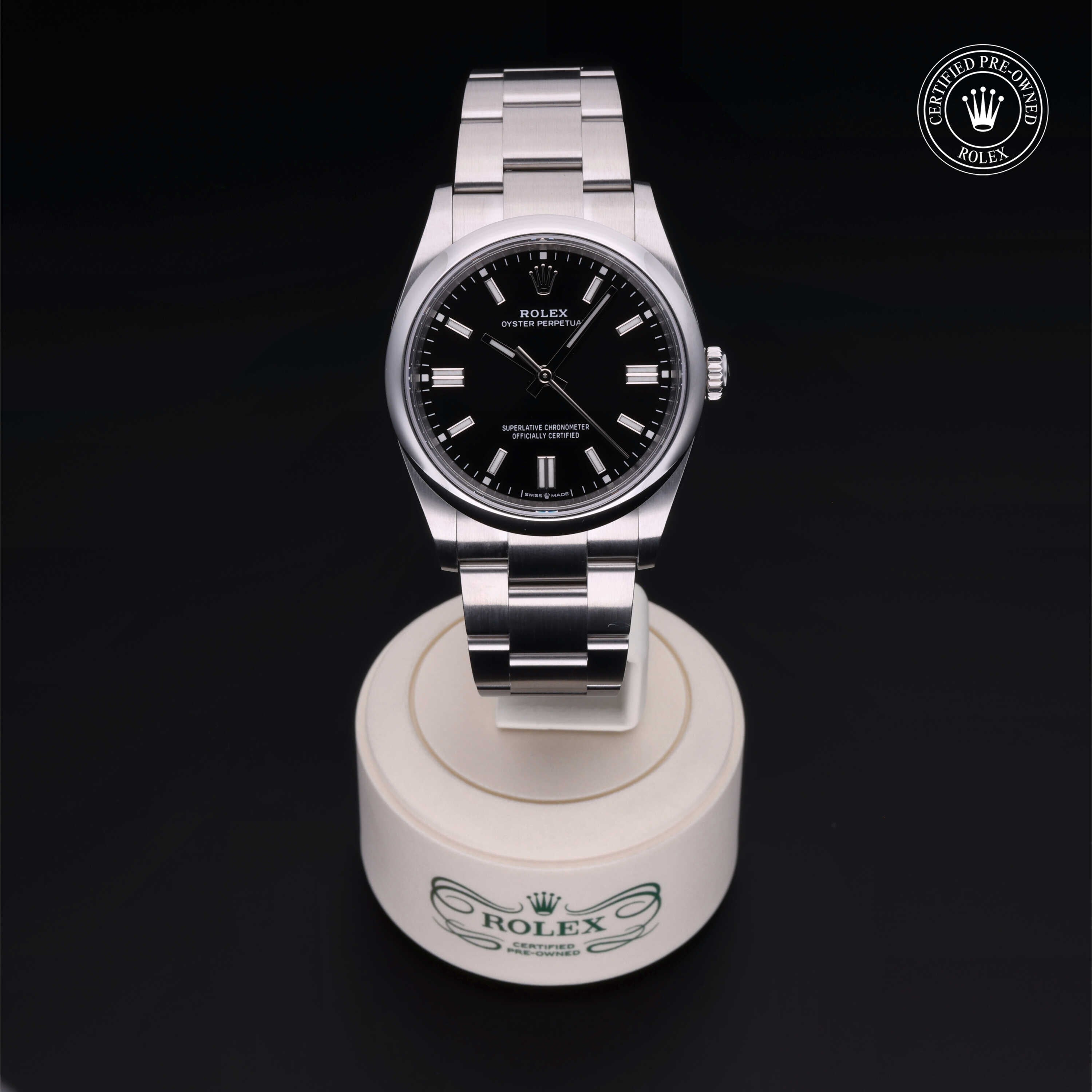 Rolex Certified Pre-owned Oyster Perpetual M126000-0002 front on black background