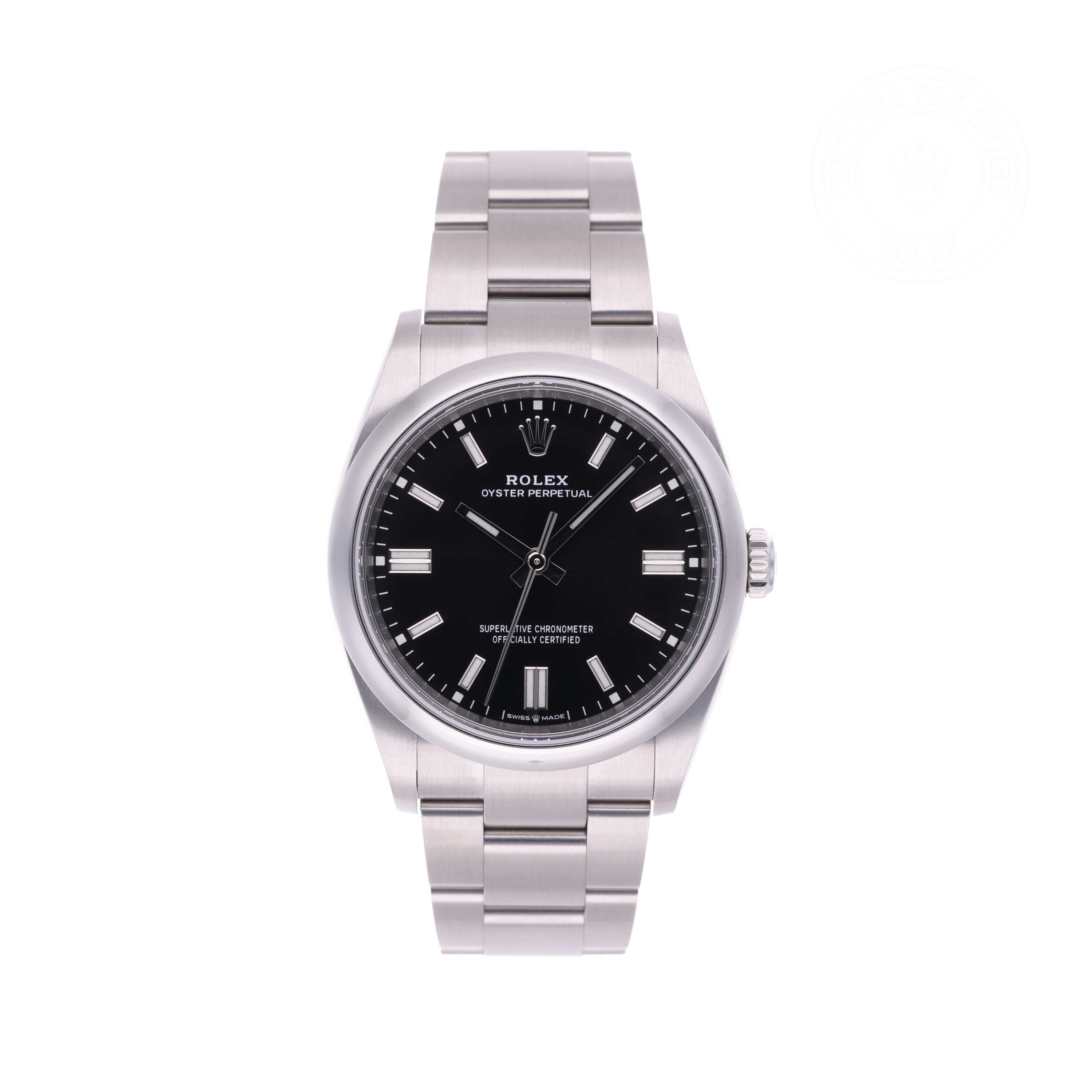 Rolex Certified Pre-owned Oyster Perpetual M126000-0002 front on white background
