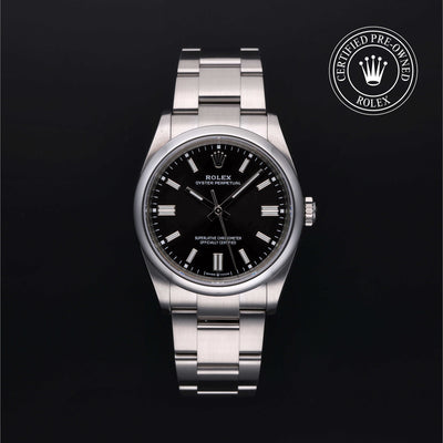 Rolex Certified Pre-owned Oyster Perpetual M126000-0014 front on black background