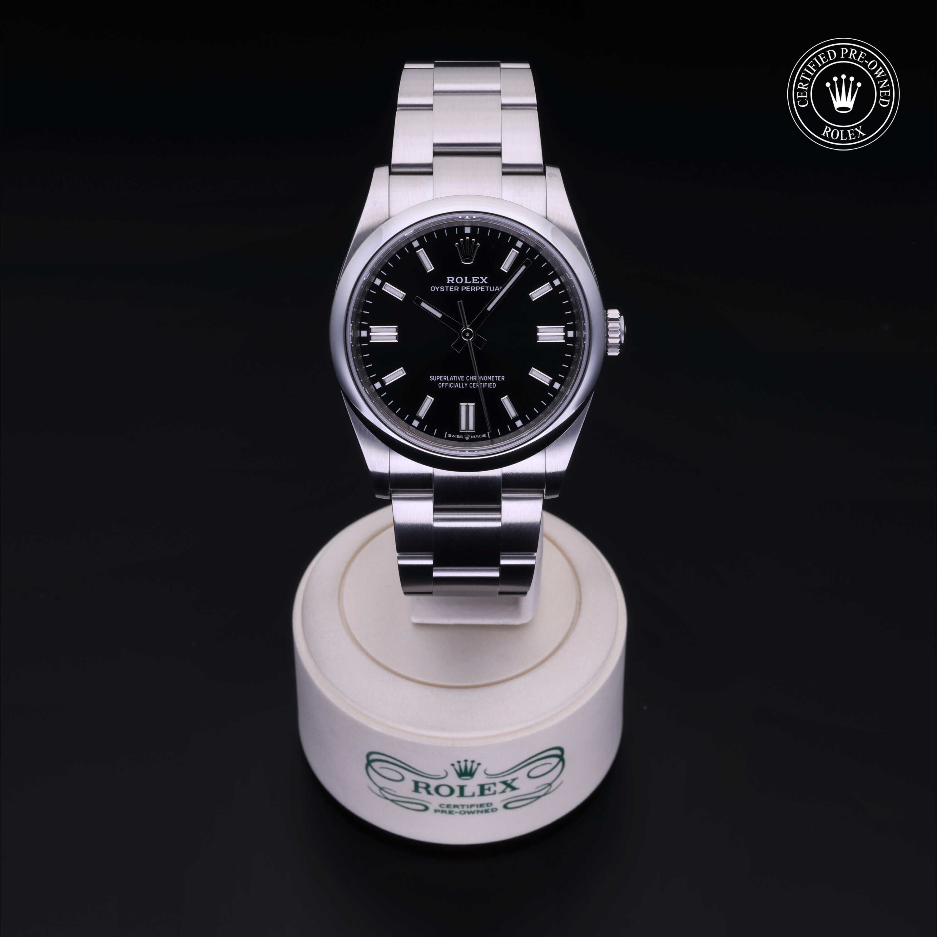 Rolex Certified Pre-owned Oyster Perpetual M126000-0014 front on black background