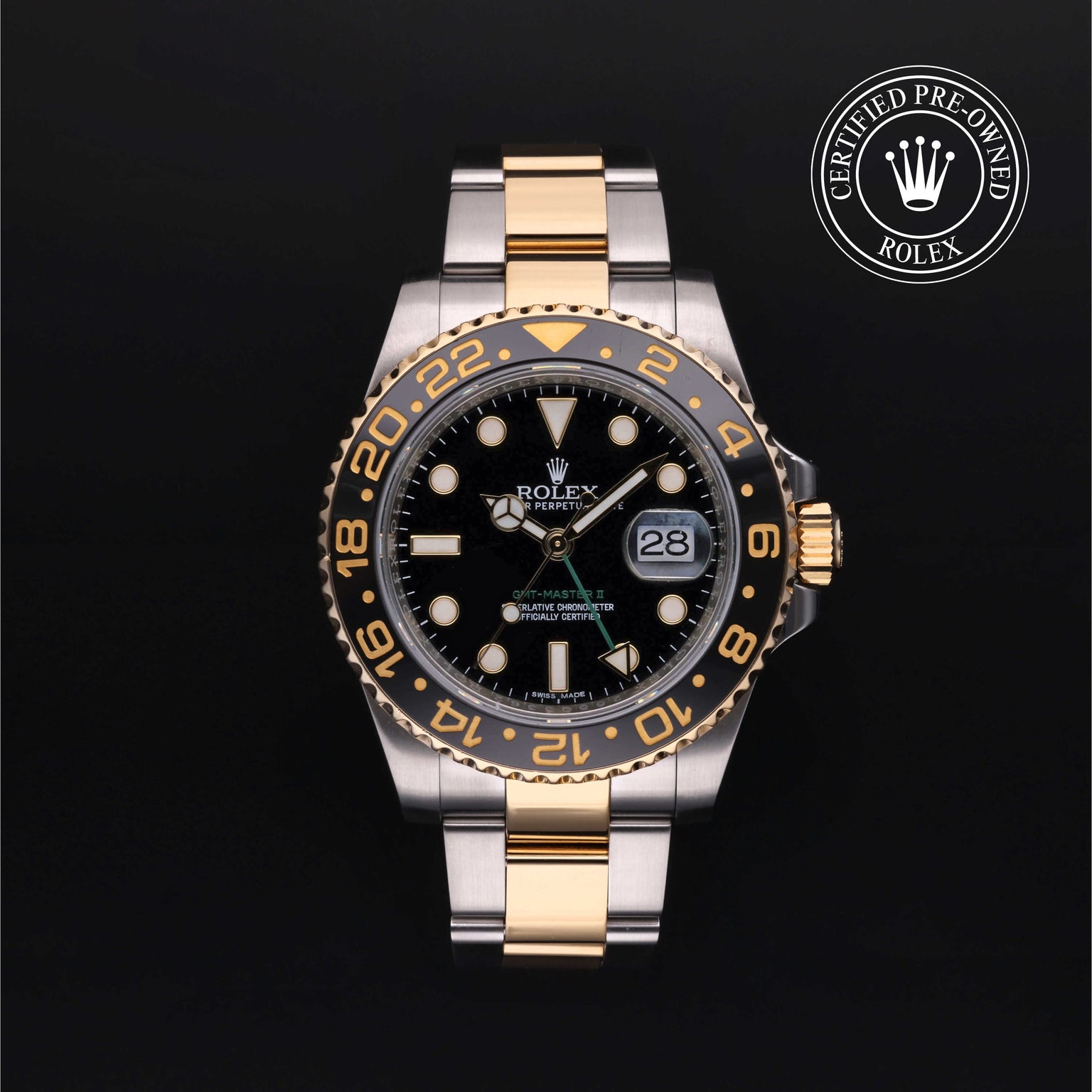 Rolex Certified Pre-owned GMT M116713LN-0001 front on black background