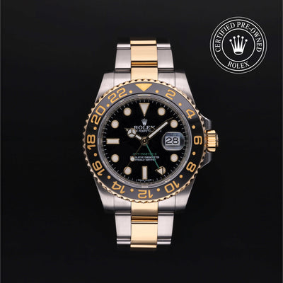 Rolex Certified Pre-owned GMT M116713LN-0001 front on black background