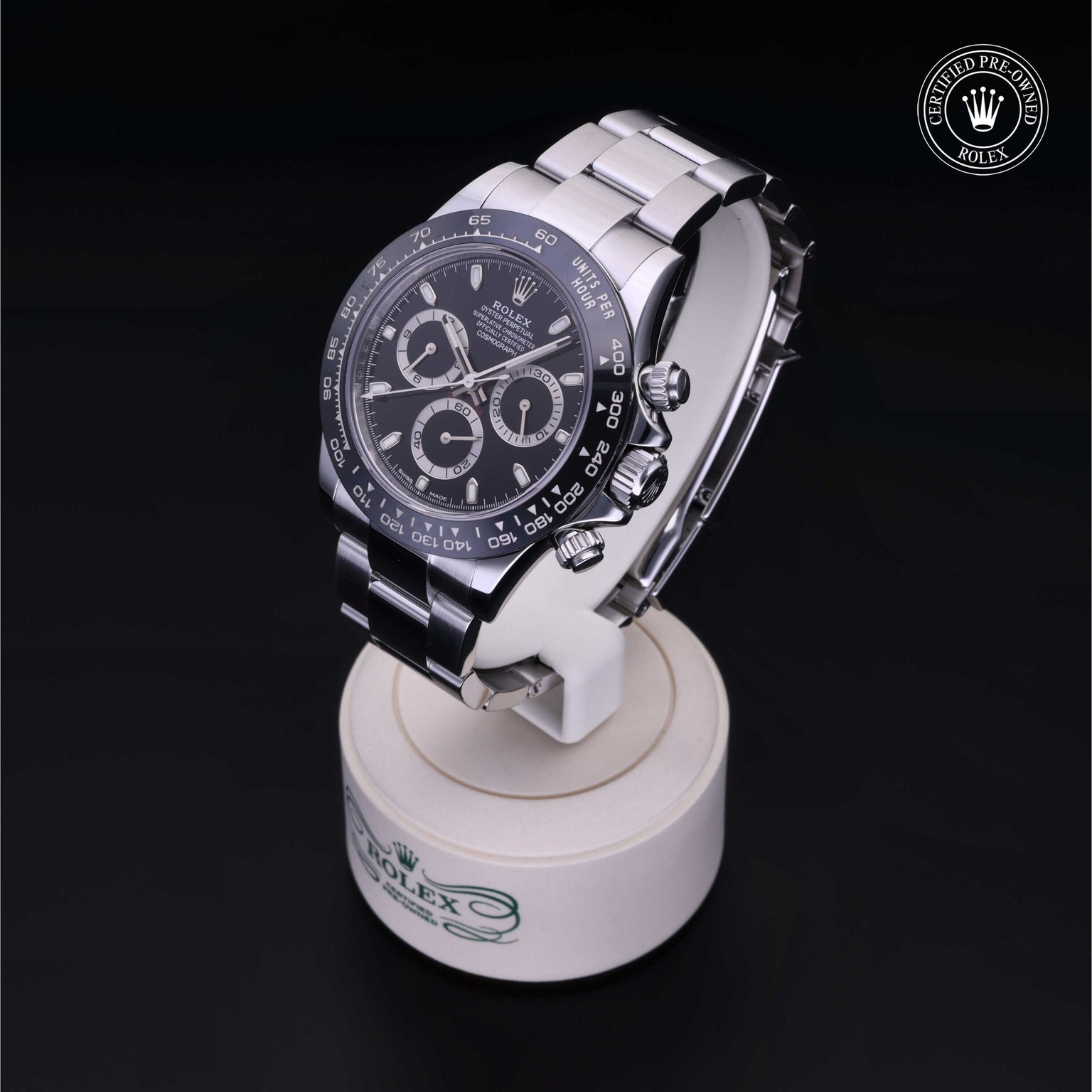 Rolex Certified Pre-owned Daytona M116500LN-0002 front on black background