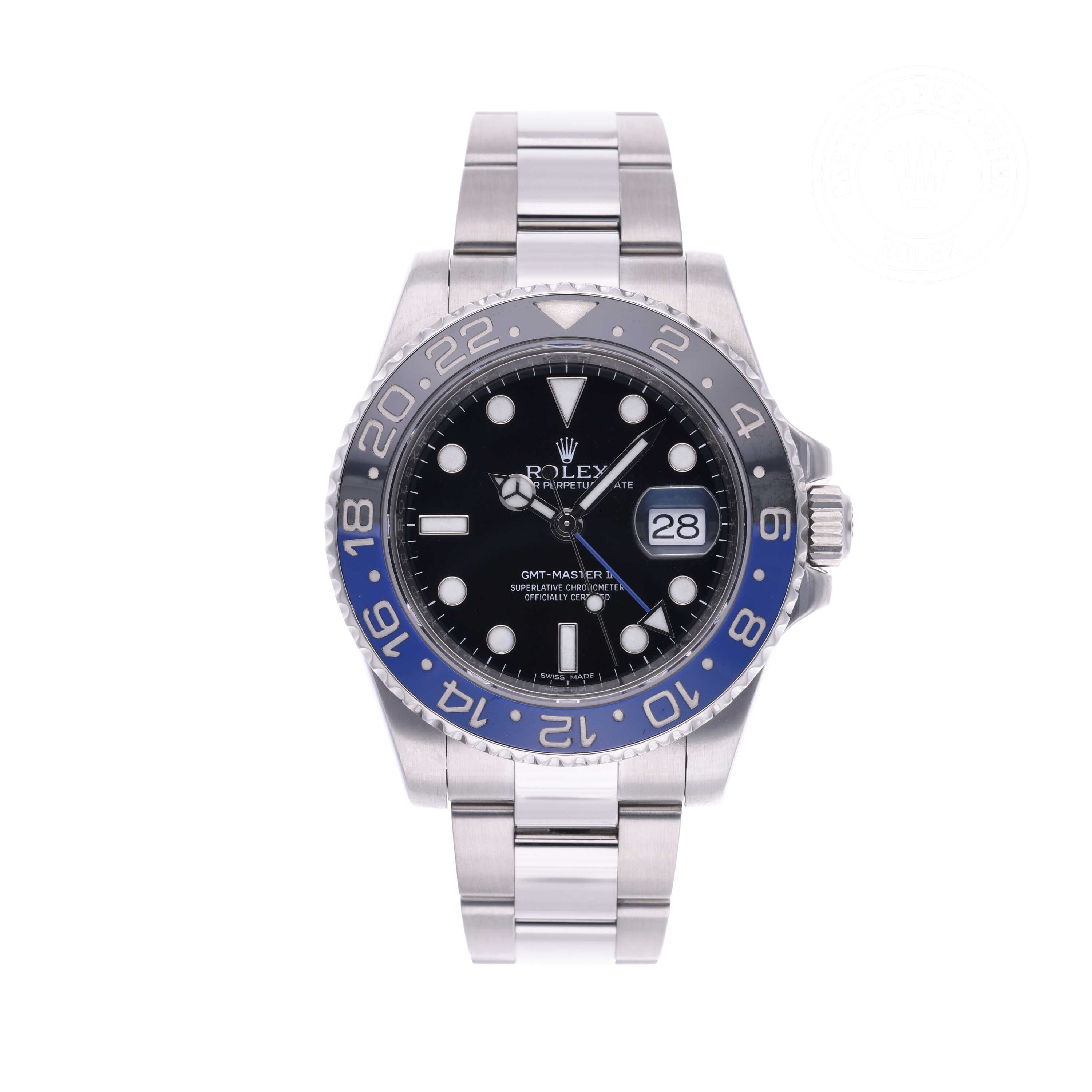 Rolex Certified Pre-owned GMT M116710BLNR-0002 front on white background