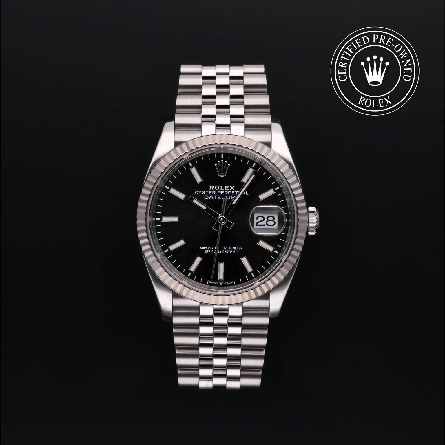 Rolex Certified Pre-owned Datejust M126234-0015 front on black background