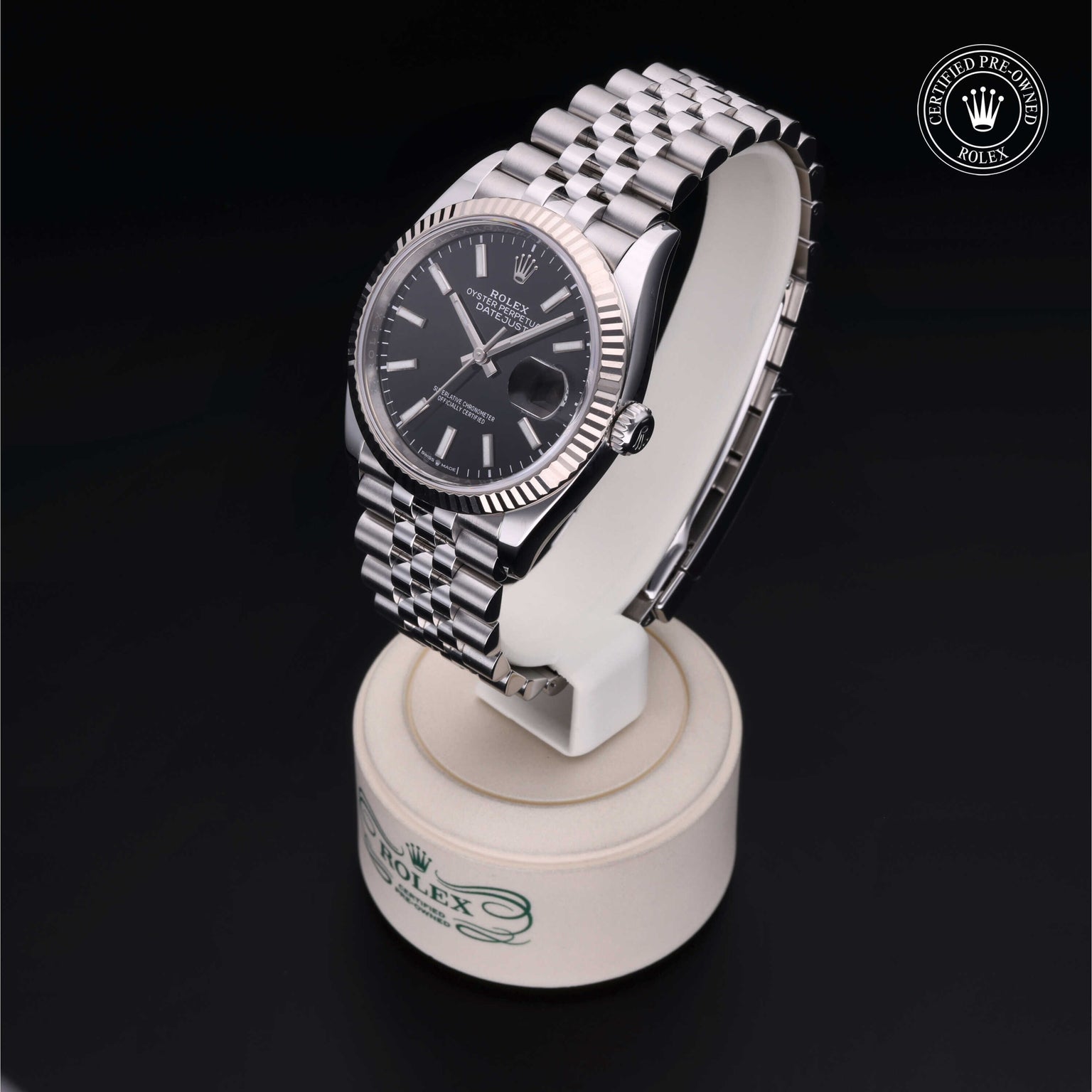 Rolex Certified Pre-owned Datejust M126234-0015 front on black background