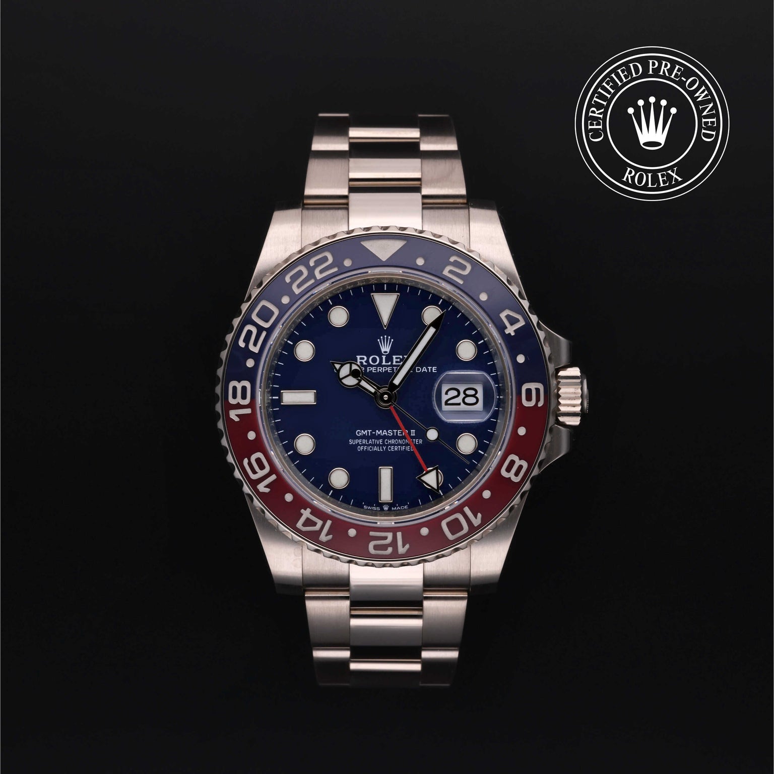 Rolex Certified Pre-owned GMT M126719BLRO-0003 front on black background