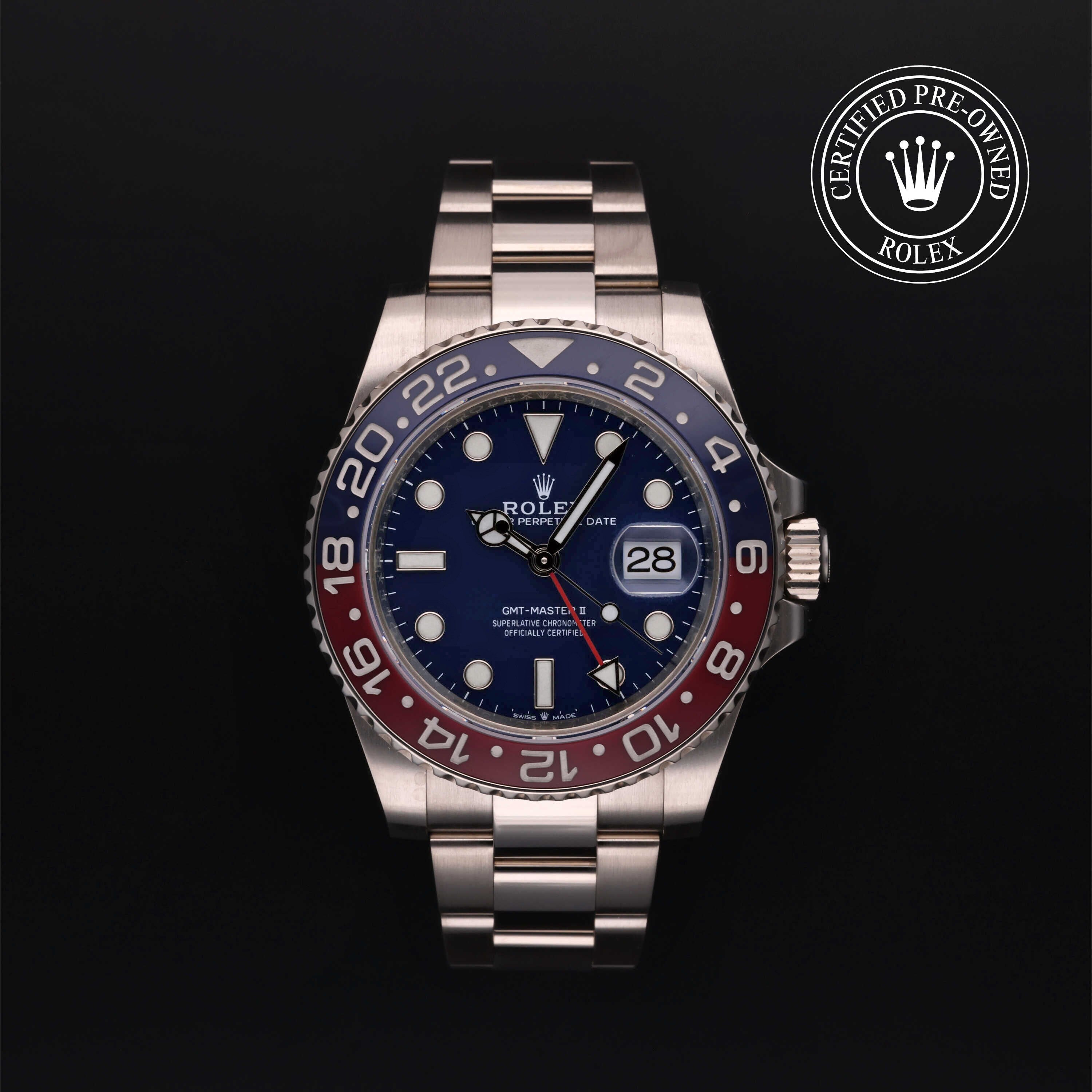 Rolex Certified Pre-owned GMT M126719BLRO-0003 front on black background