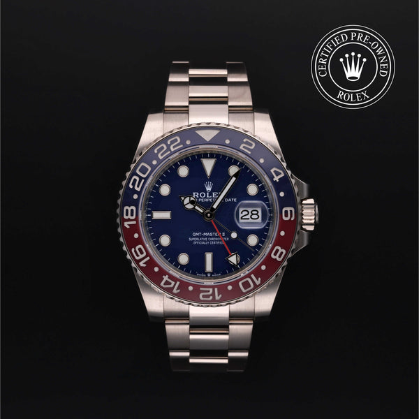Rolex Certified Pre-owned GMT M126719BLRO-0003 front on black background