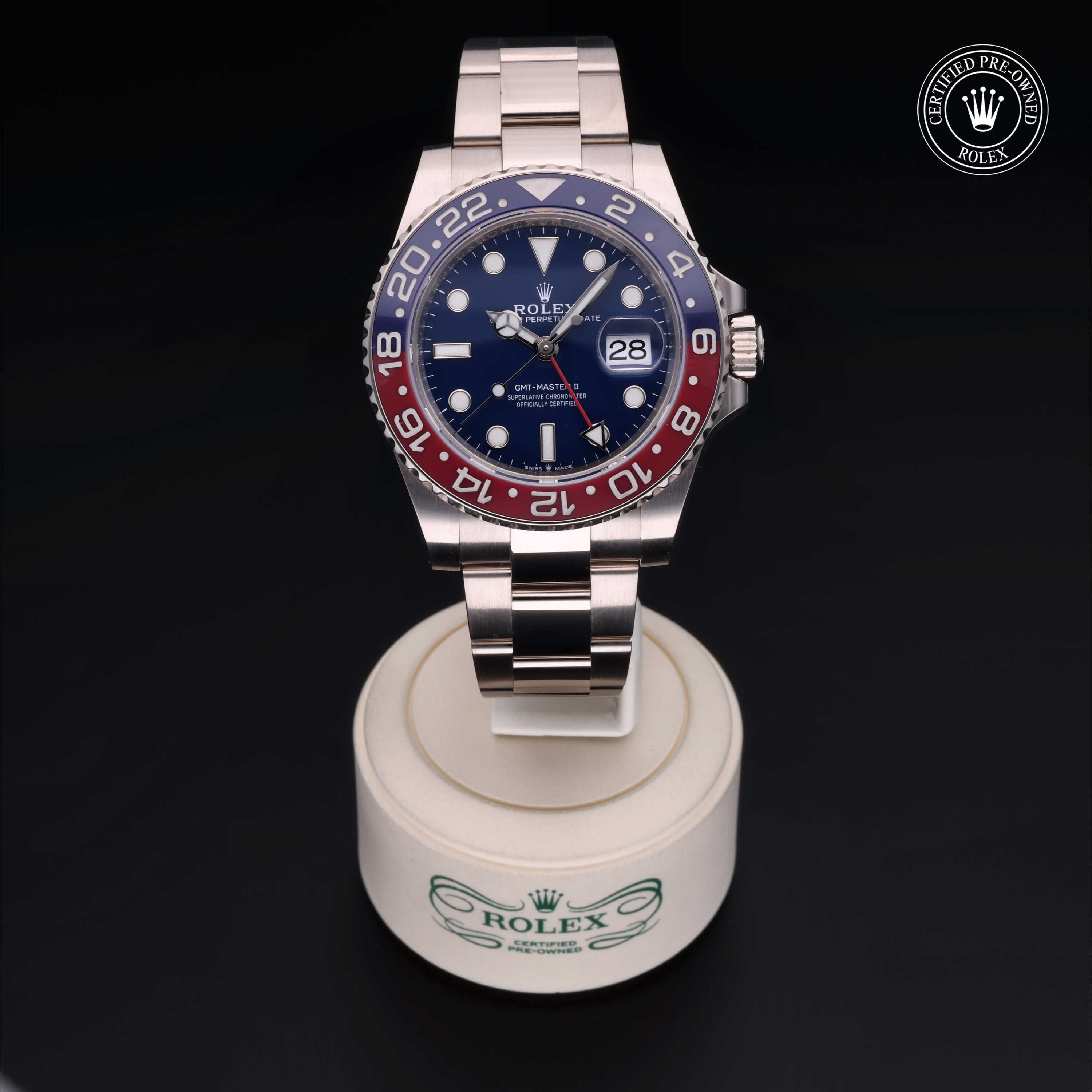 Rolex Certified Pre-owned GMT M126719BLRO-0003 front on black background