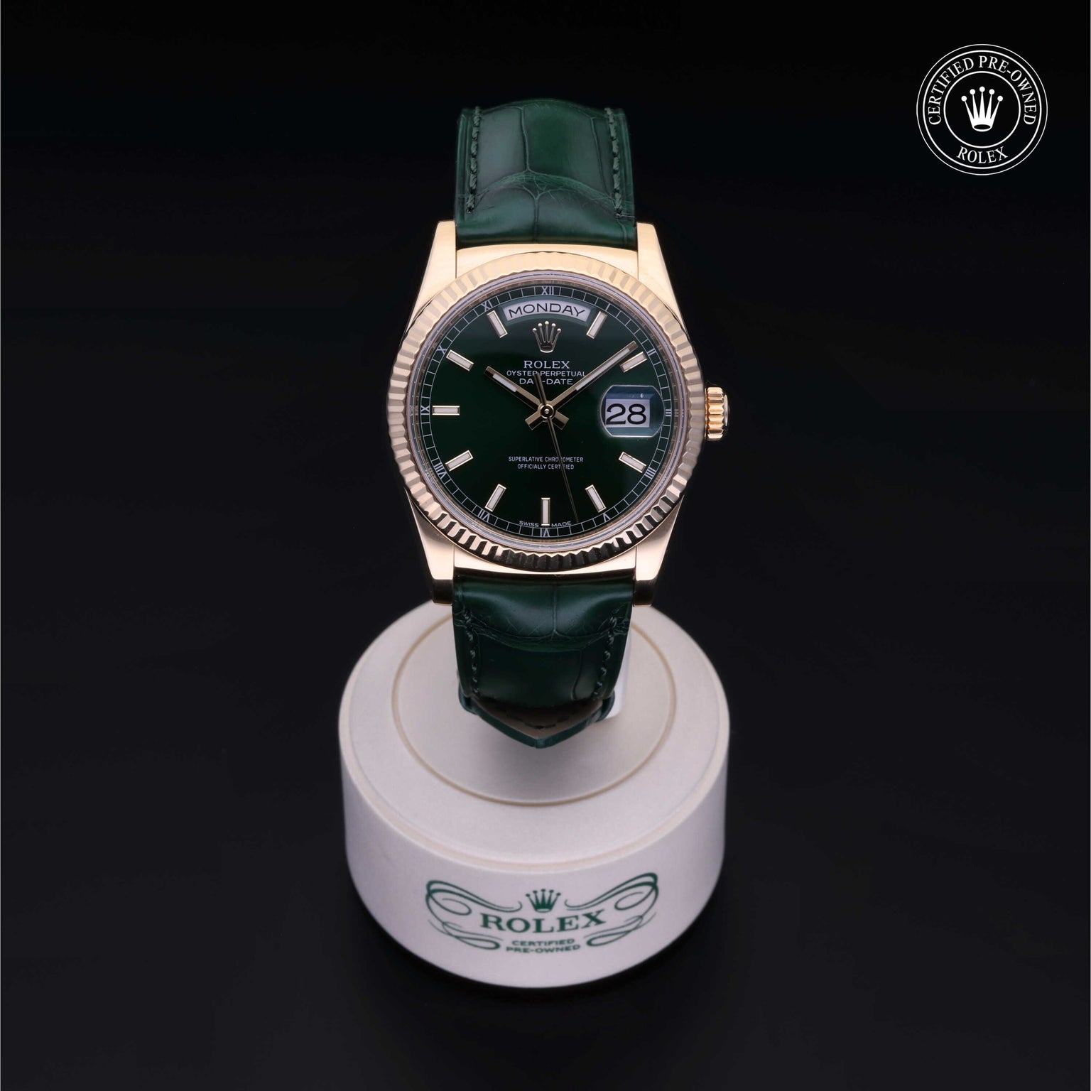 Rolex Certified Pre-owned Day-date M118138-0002 front on black background