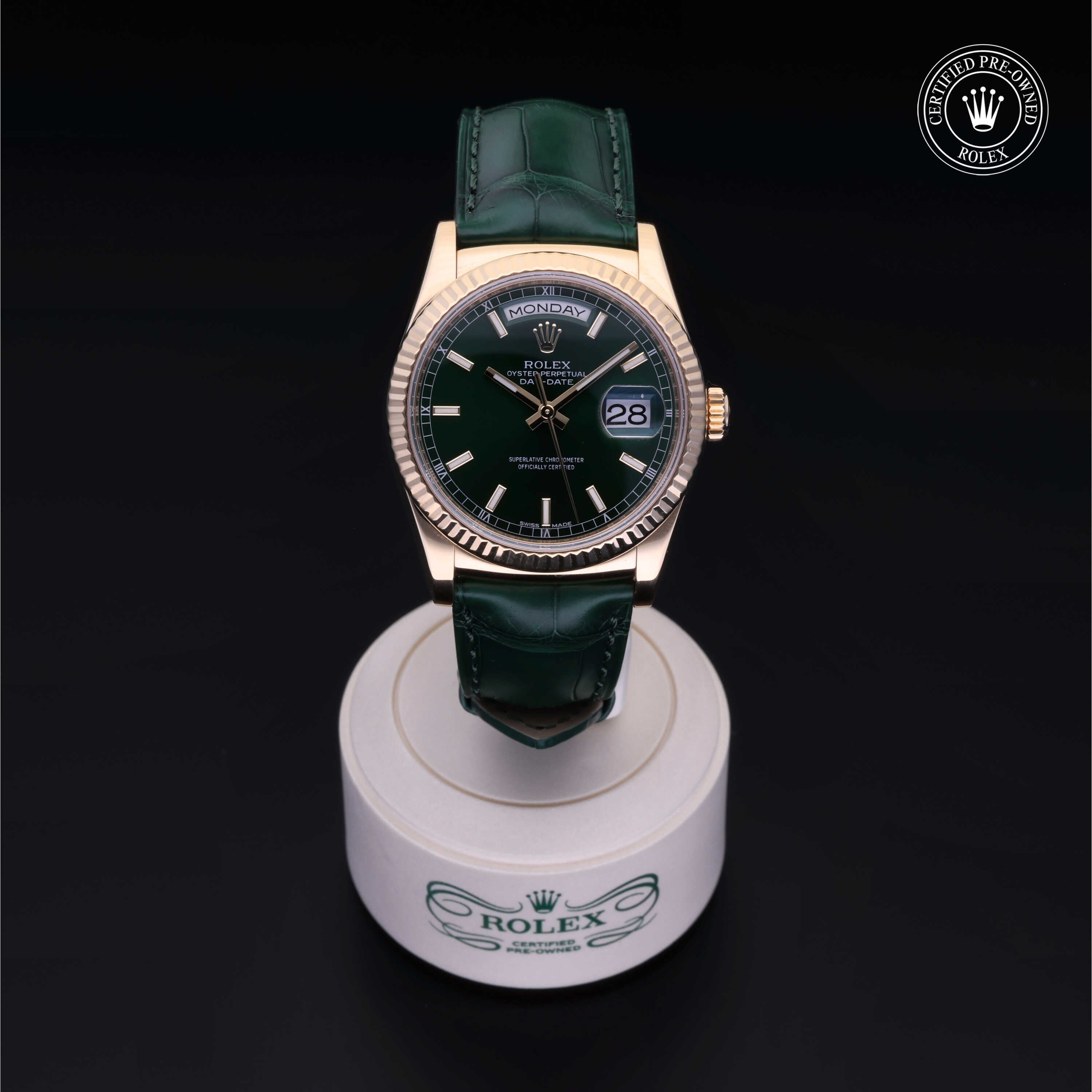 Rolex Certified Pre-owned Day-date M118138-0002 front on black background