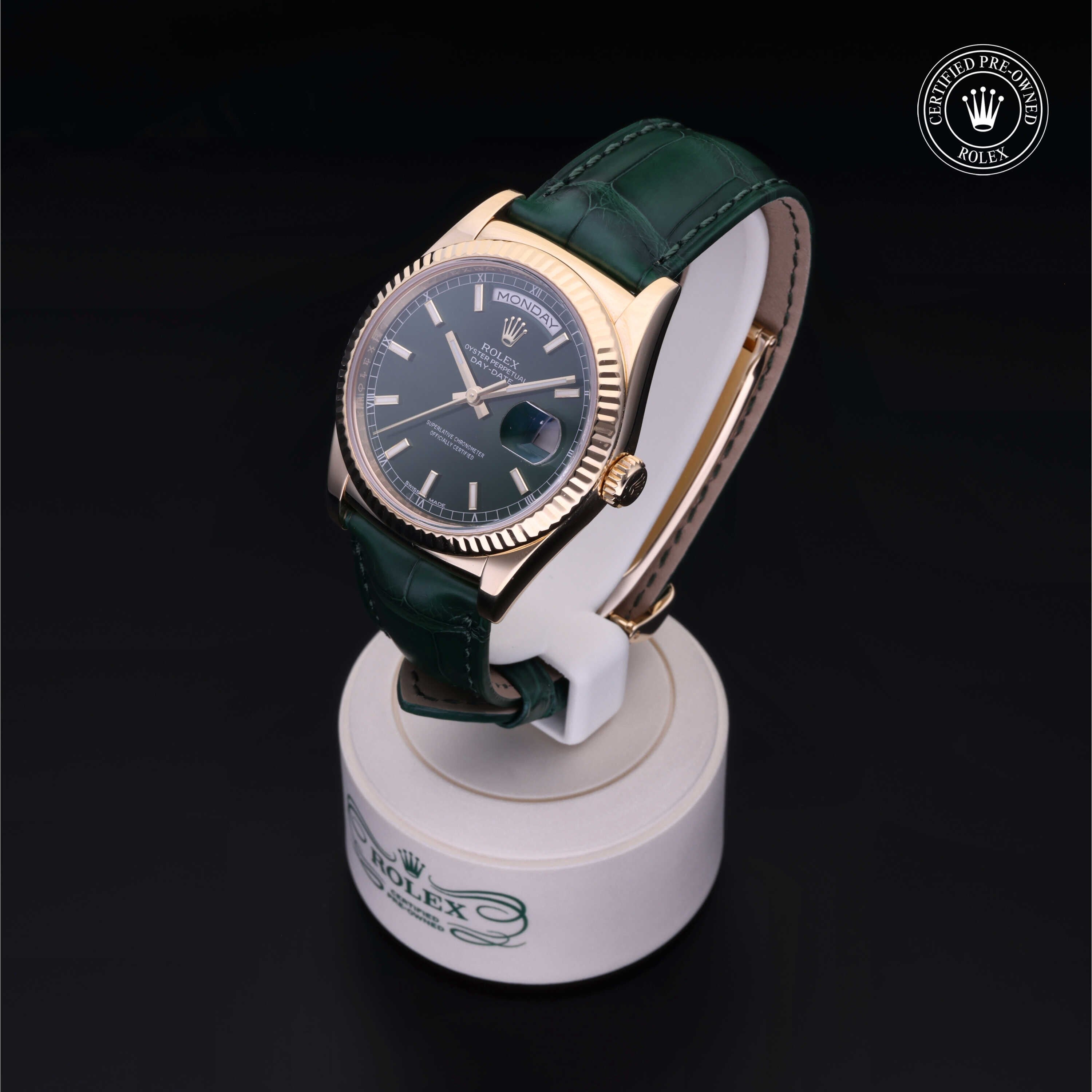 Rolex Certified Pre-owned Day-date M118138-0002 front on black background