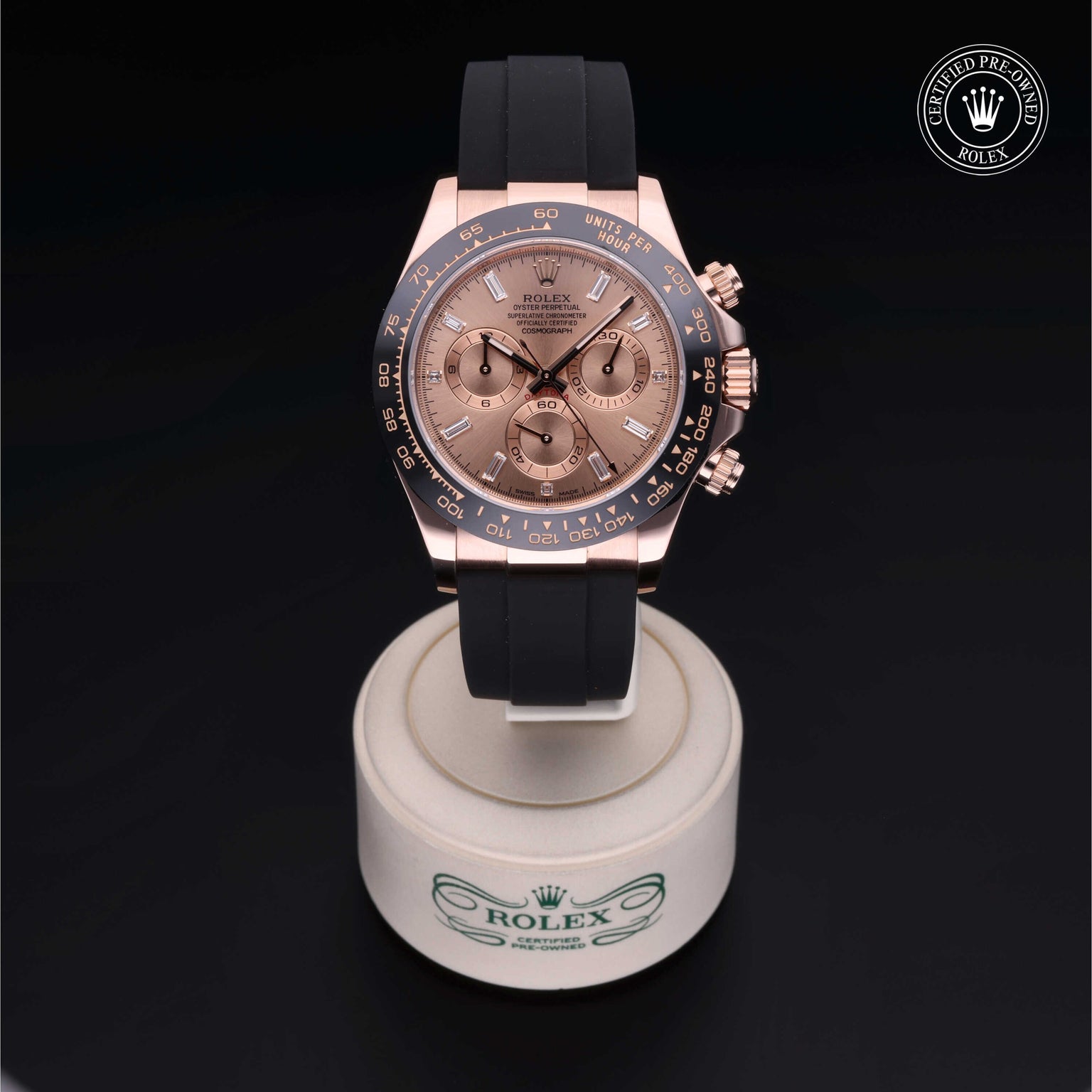 Rolex Certified Pre-owned Daytona M116515LN-0021 front on black background