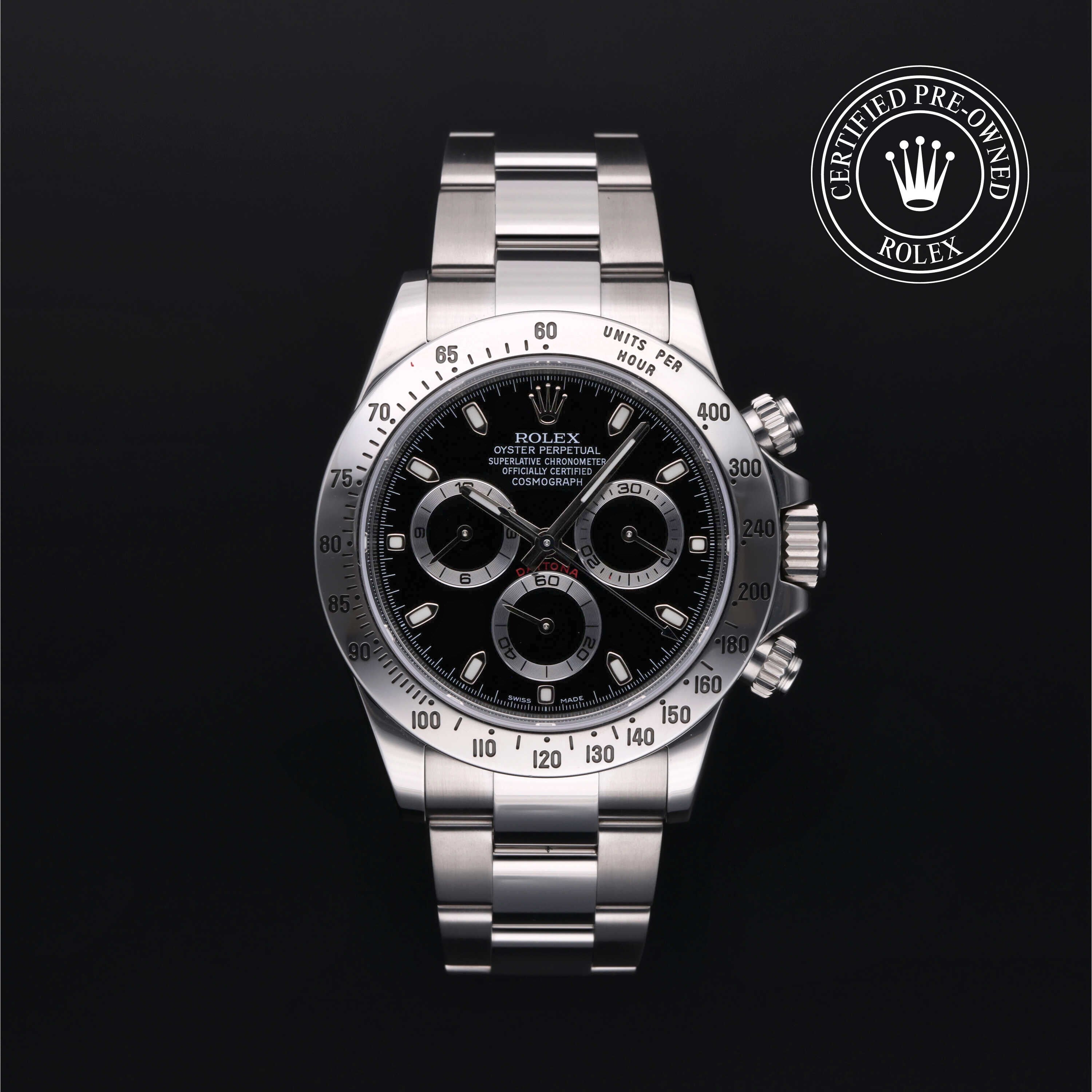 Rolex Certified Pre-owned Daytona M116520-0015 front on black background