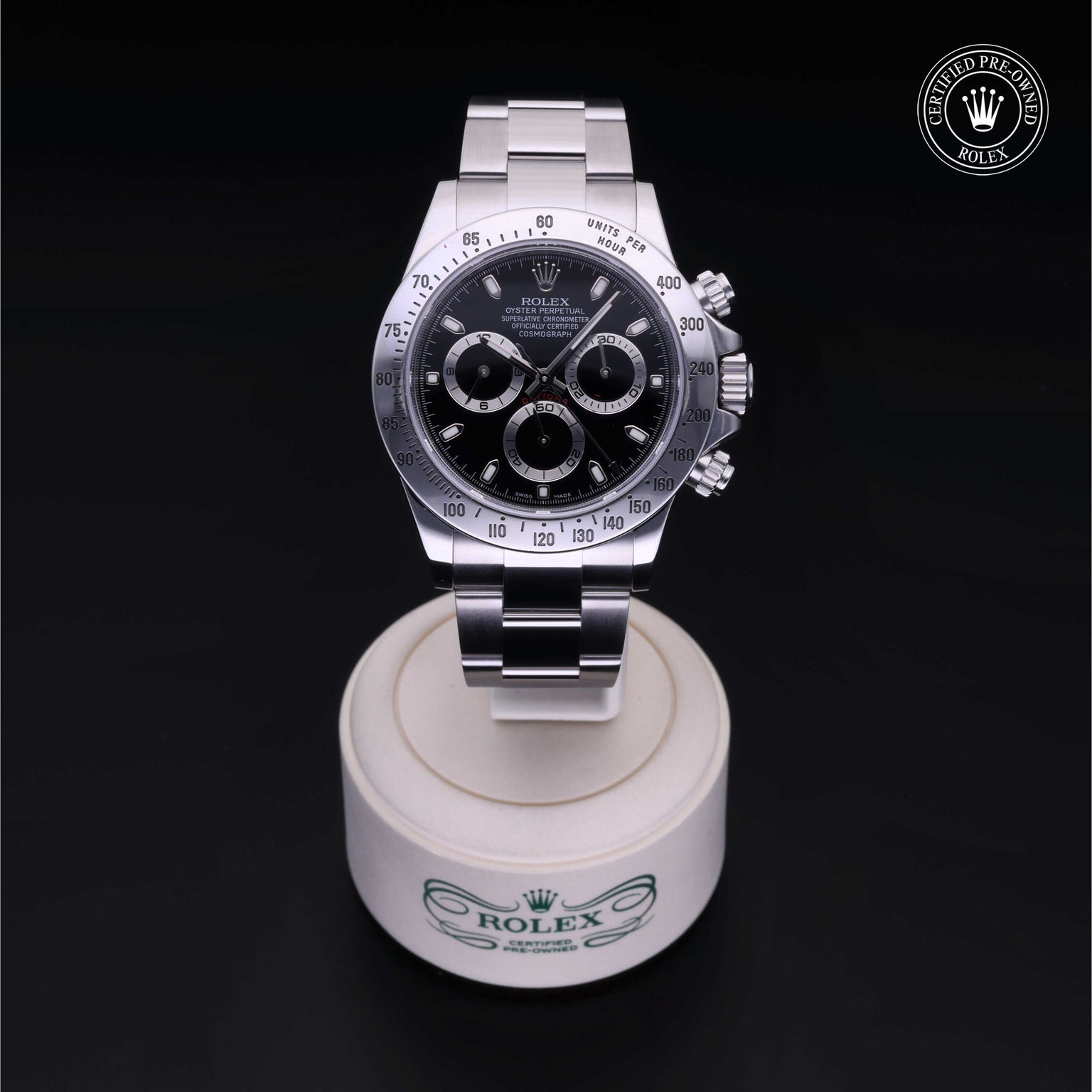 Rolex Certified Pre-owned Daytona M116520-0015 front on black background