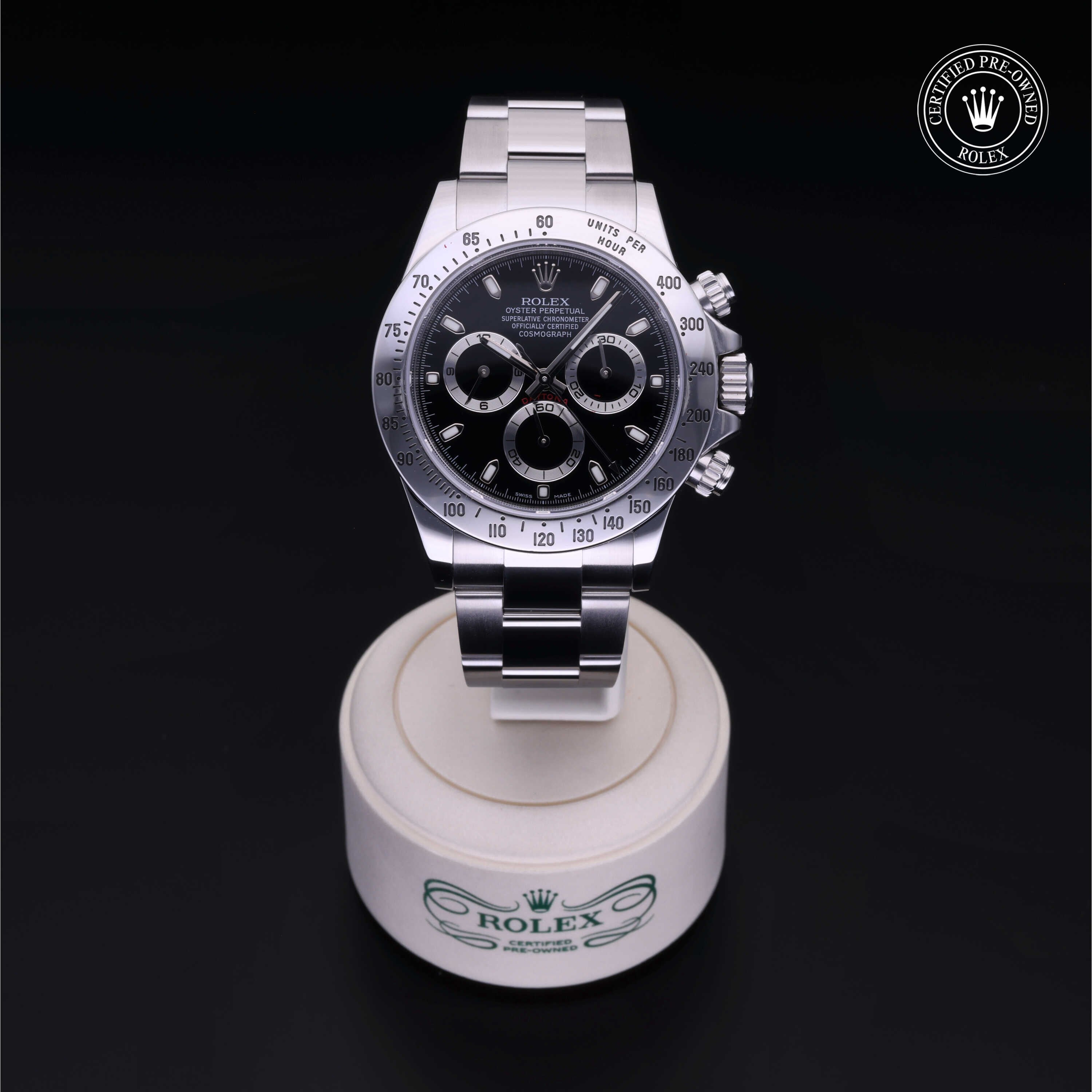 Rolex Certified Pre-owned Daytona M116520-0015 front on black background