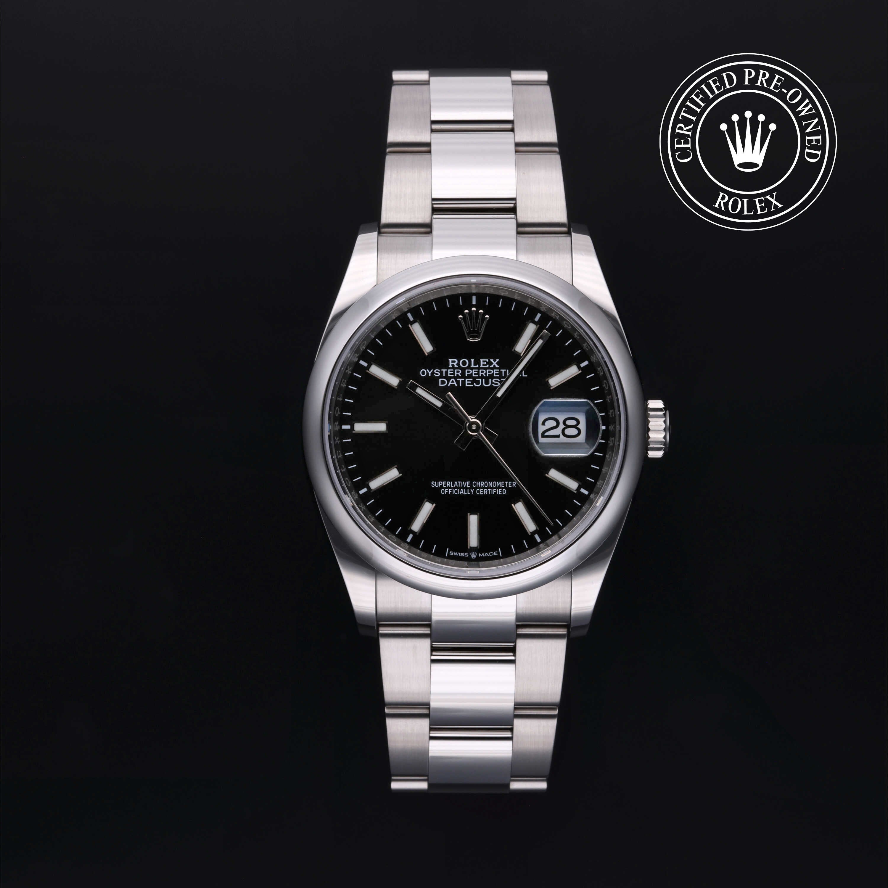 Rolex Certified Pre-owned Datejust M126200-0004 front on black background