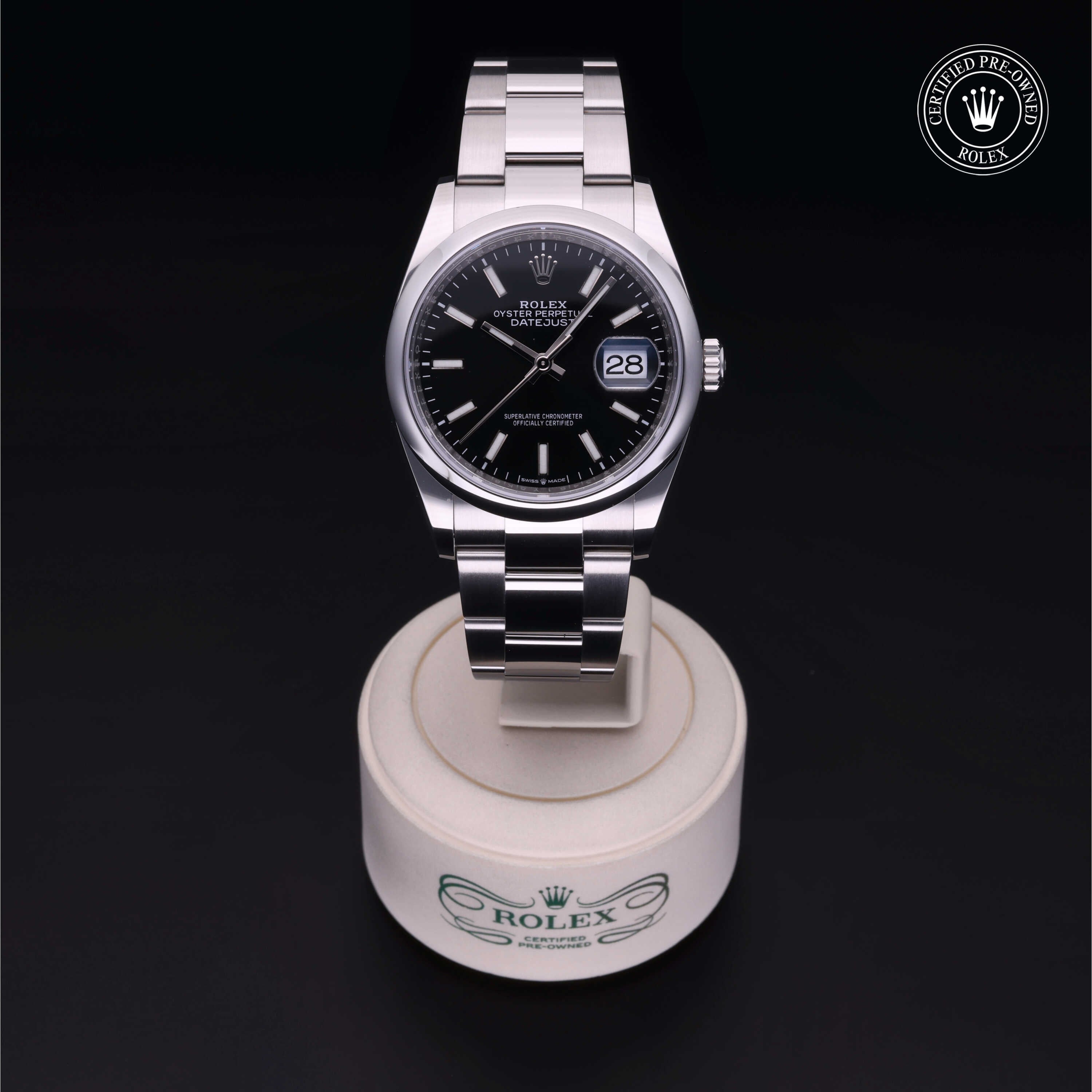 Rolex Certified Pre-owned Datejust M126200-0004 front on black background