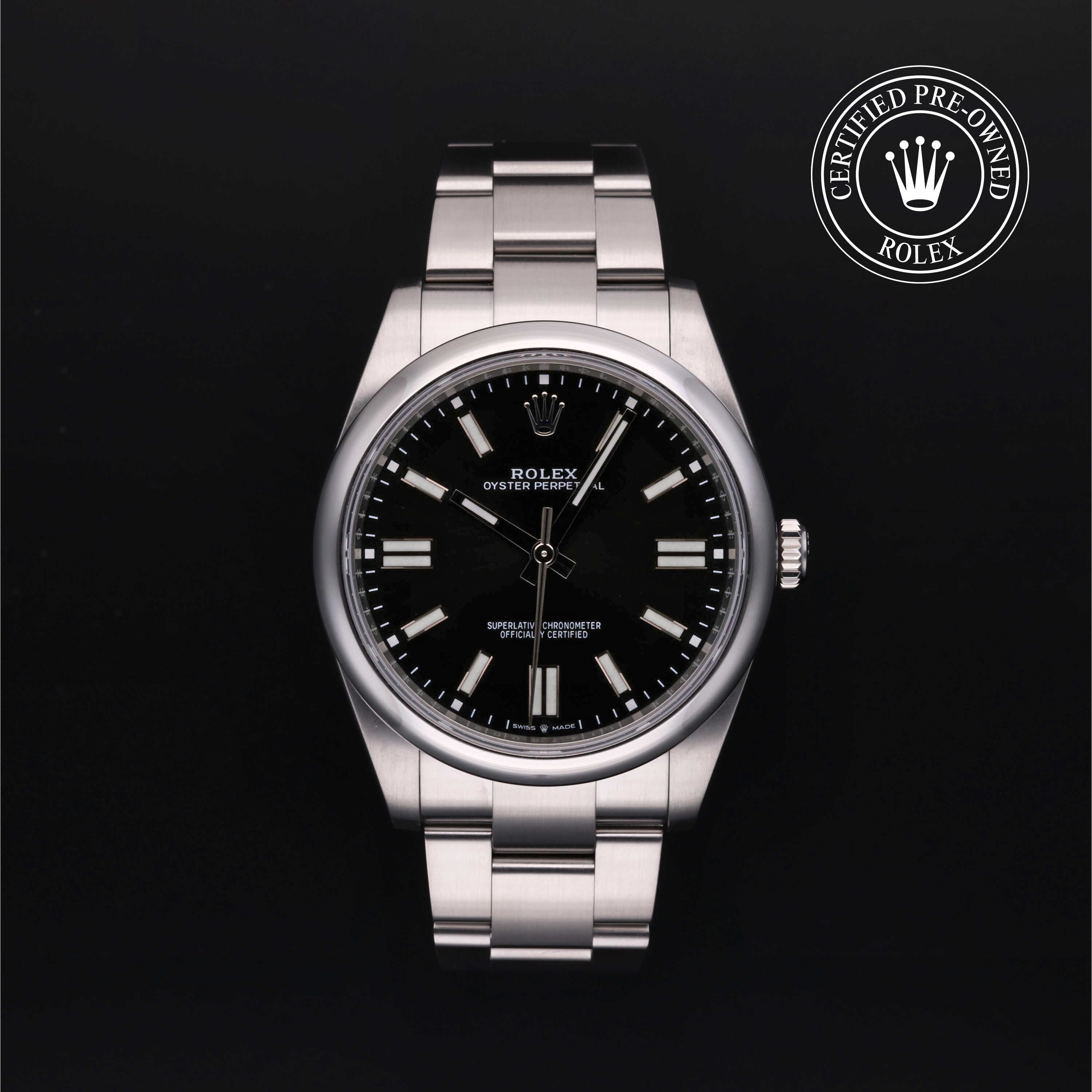 Rolex Certified Pre-owned Oyster Perpetual M124300-0002 front on black background