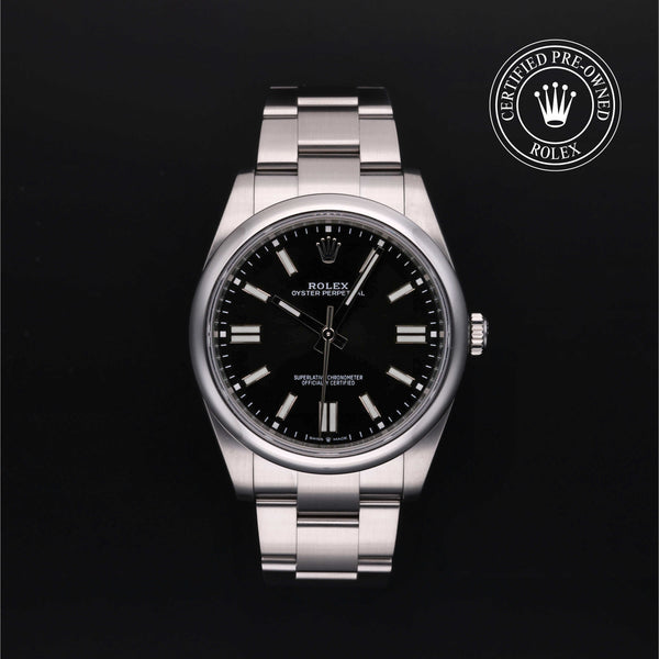 Rolex Certified Pre-owned Oyster Perpetual M124300-0002 front on black background