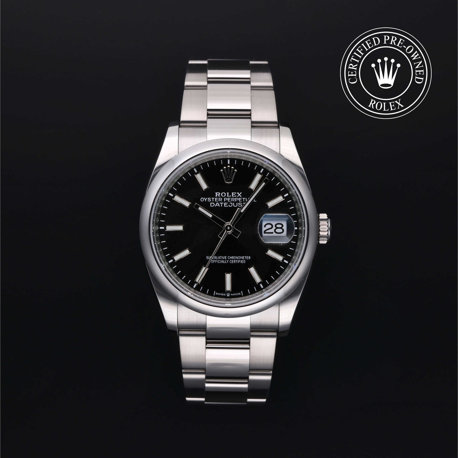 Rolex Certified Pre-owned Datejust M126200-0004 front on black background