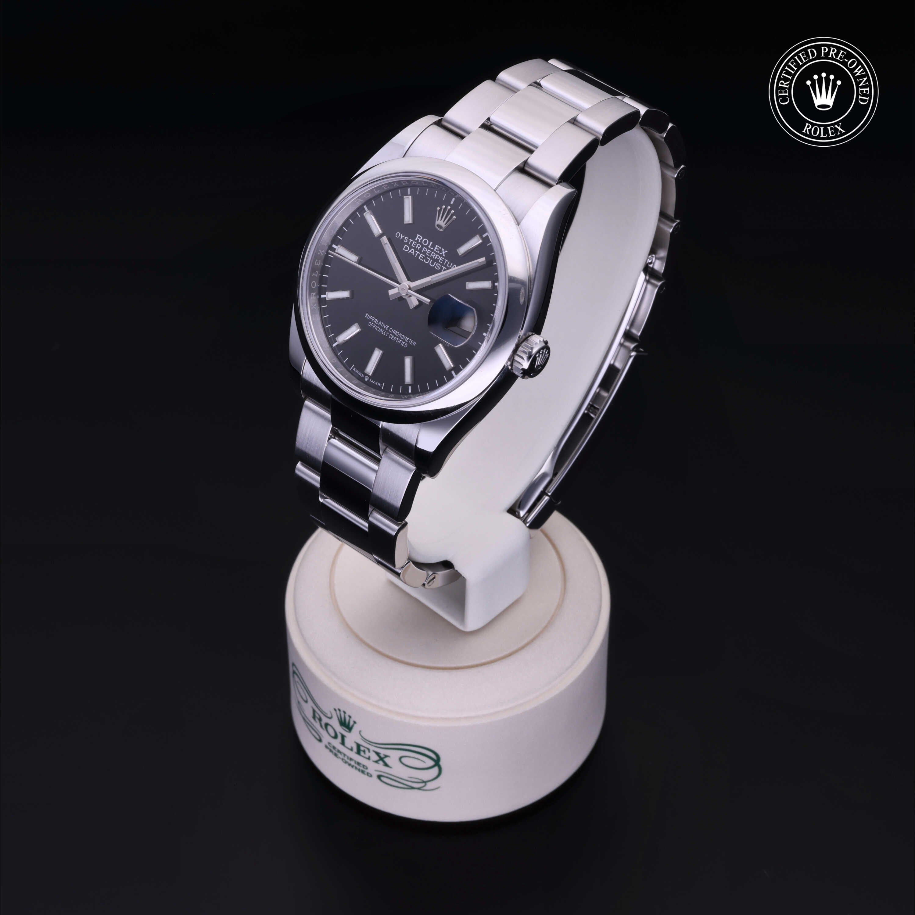 Rolex Certified Pre-owned Datejust M126200-0004 front on black background