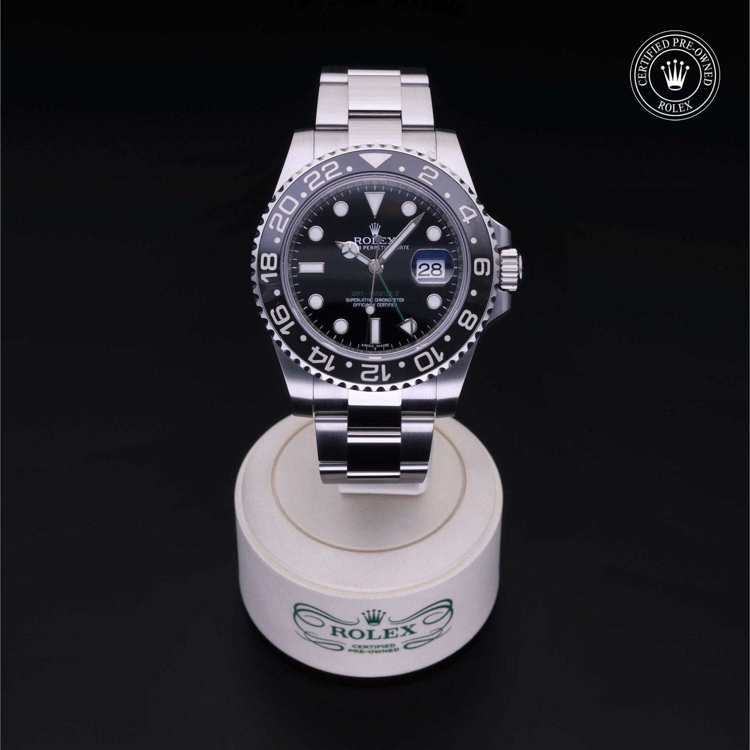 Rolex Certified Pre-owned GMT M116710LN-0001 front on black background