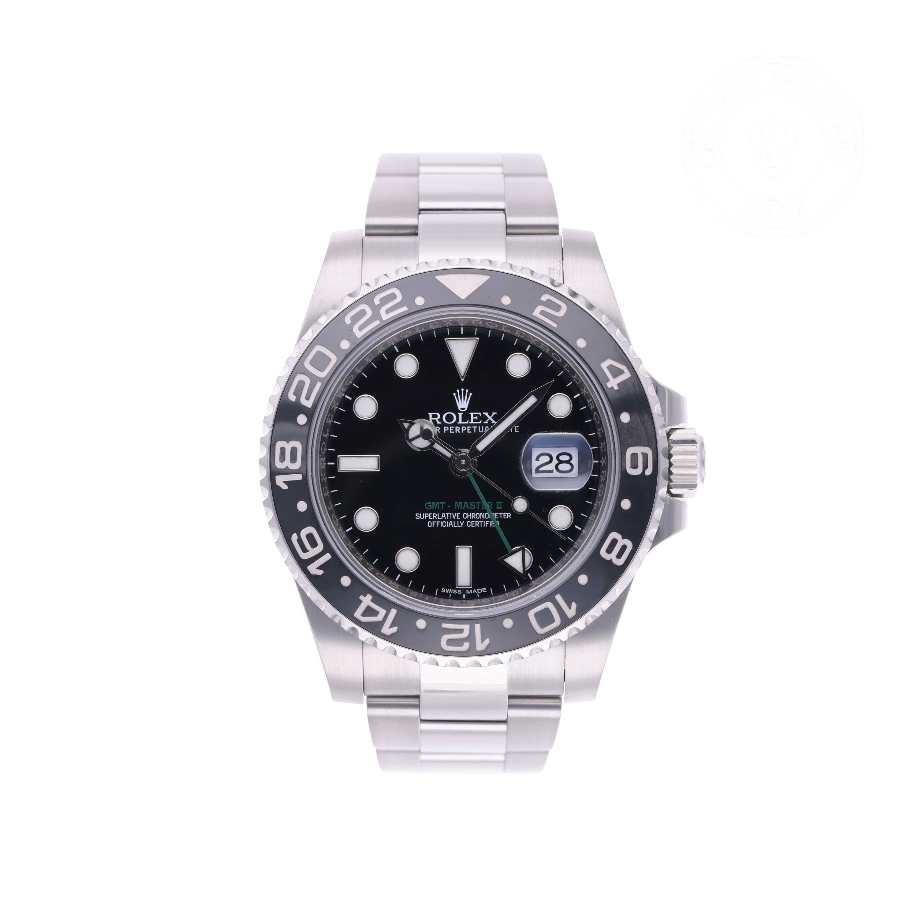 Rolex Certified Pre-owned GMT M116710LN-0001 front on white background