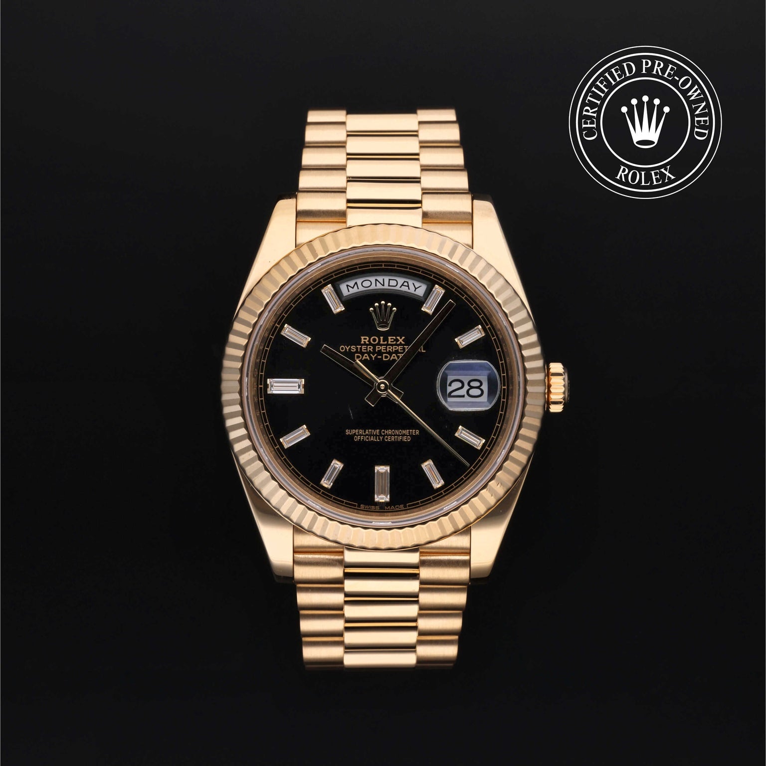 Rolex Certified Pre-owned Day-date M228238-0004 front on black background