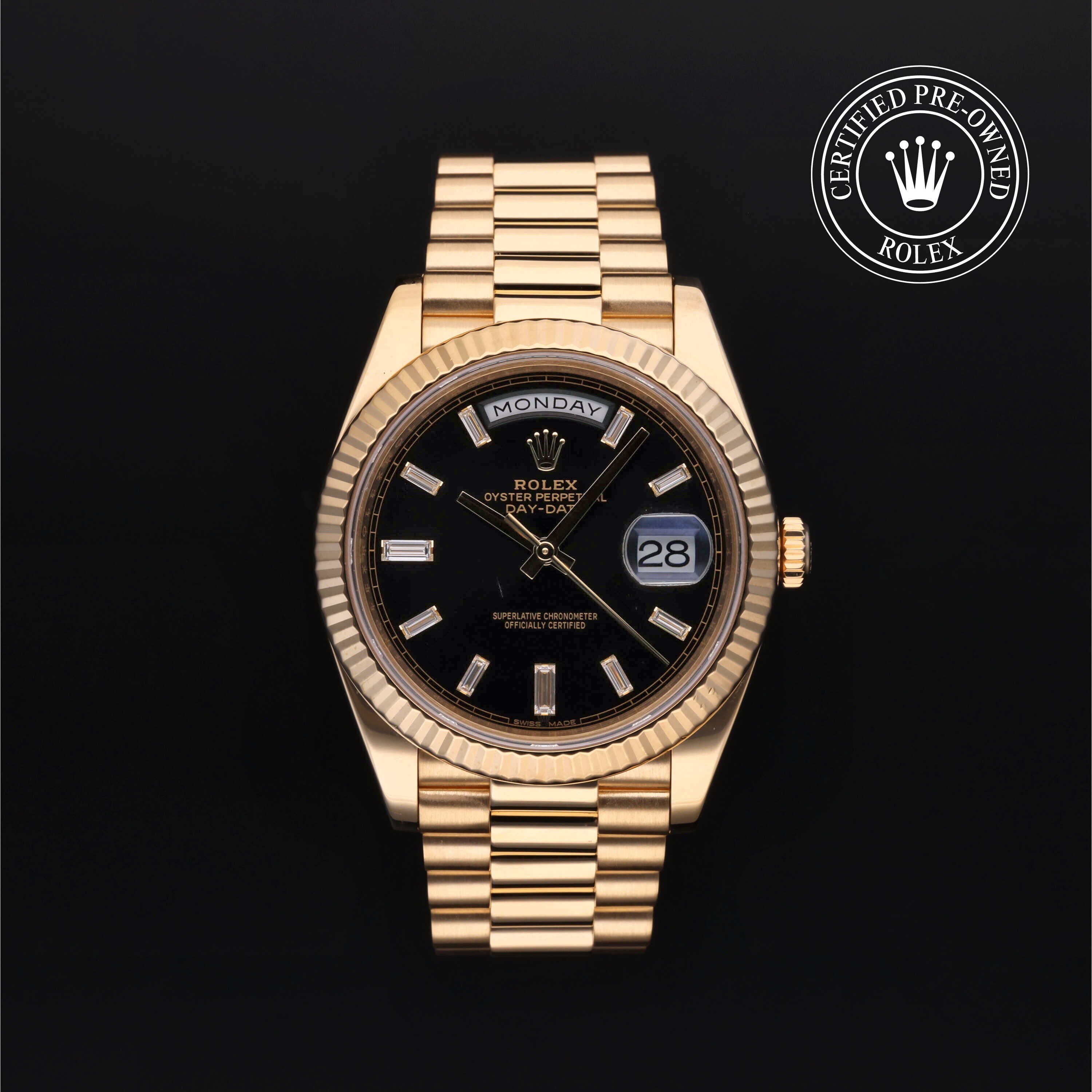 Rolex Certified Pre-owned Day-date M228238-0004 front on black background