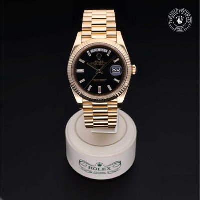 Rolex Certified Pre-owned Day-date M228238-0004 front on black background