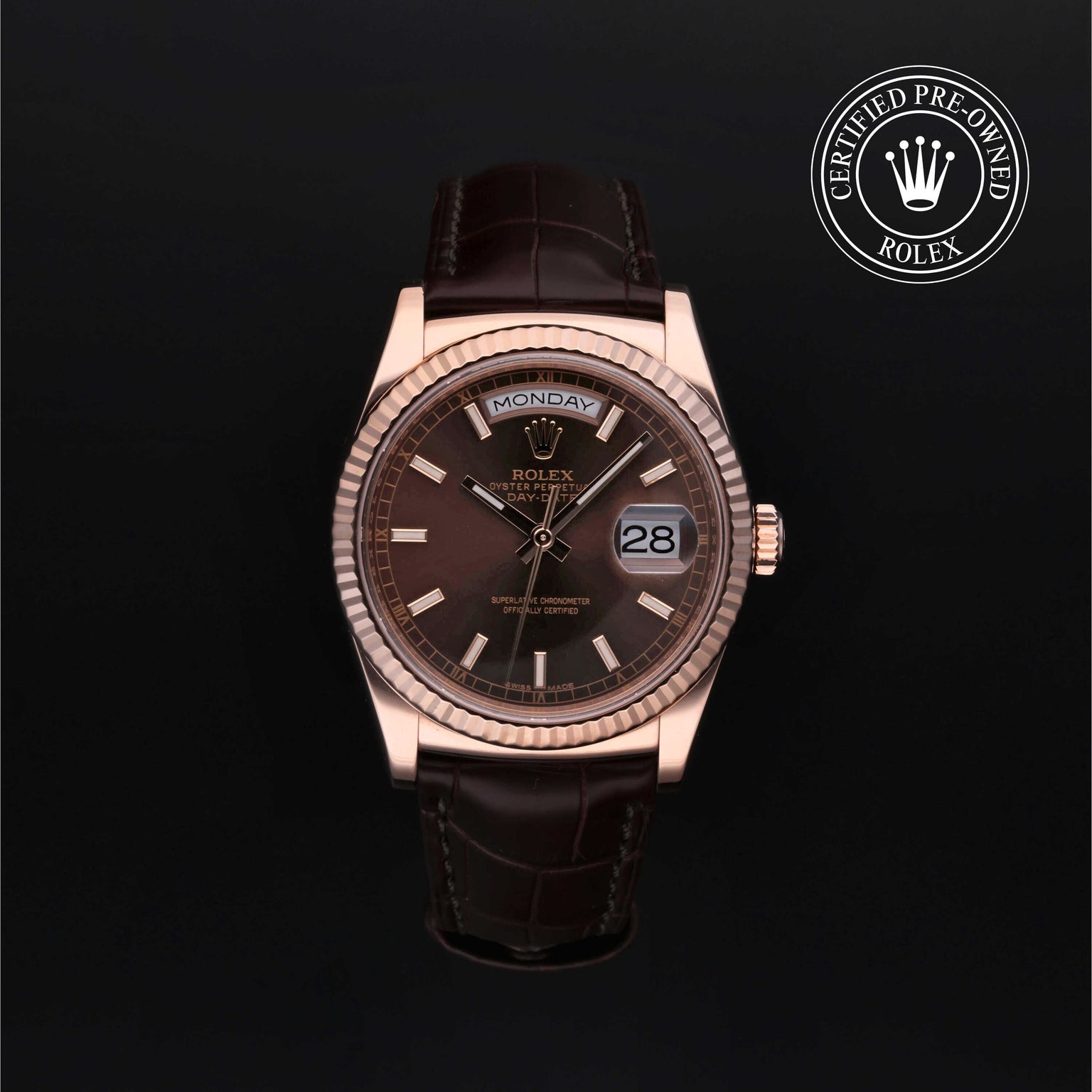 Rolex Certified Pre-owned Day-date M118135-0003 front on black background