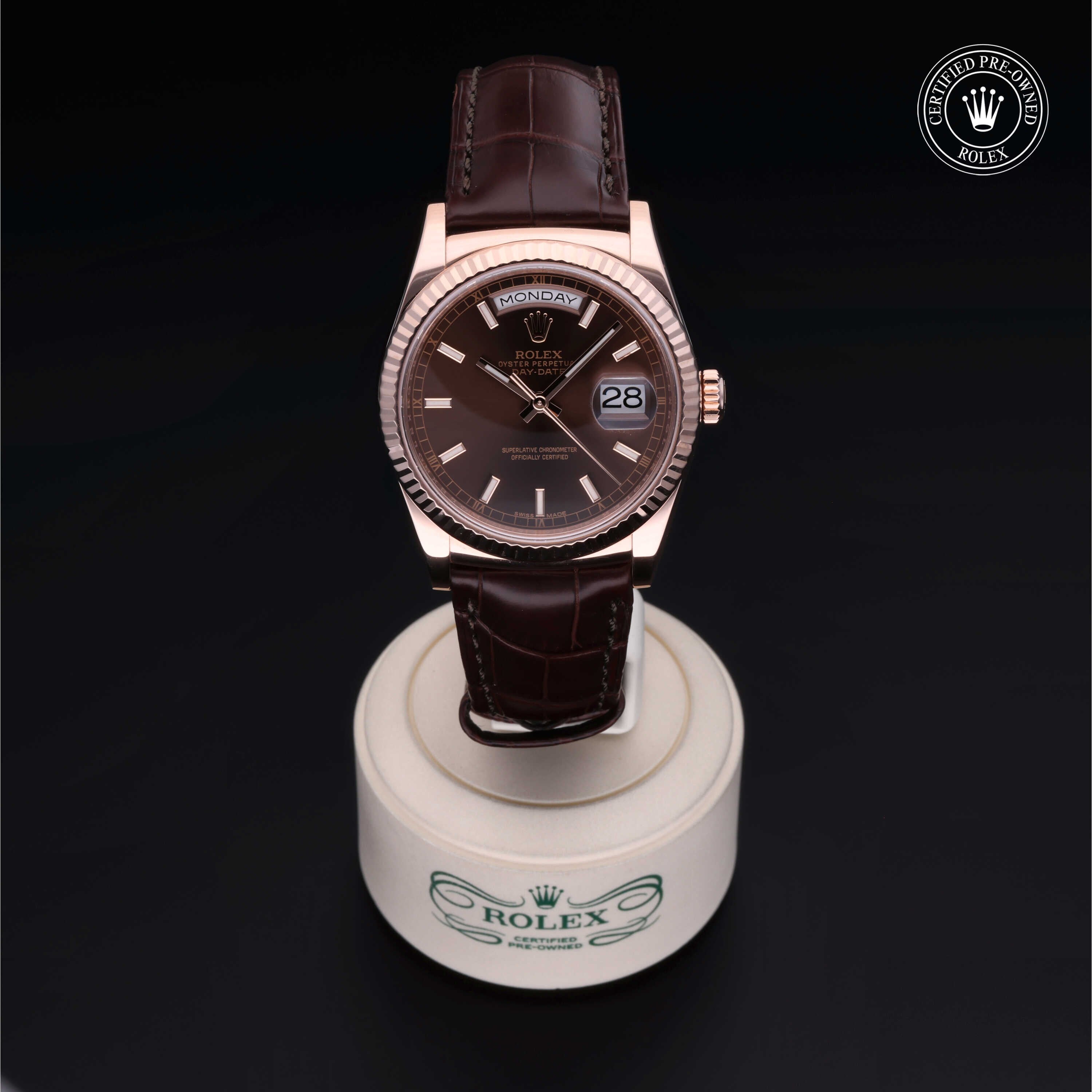 Rolex Certified Pre-owned Day-date M118135-0003 front on black background