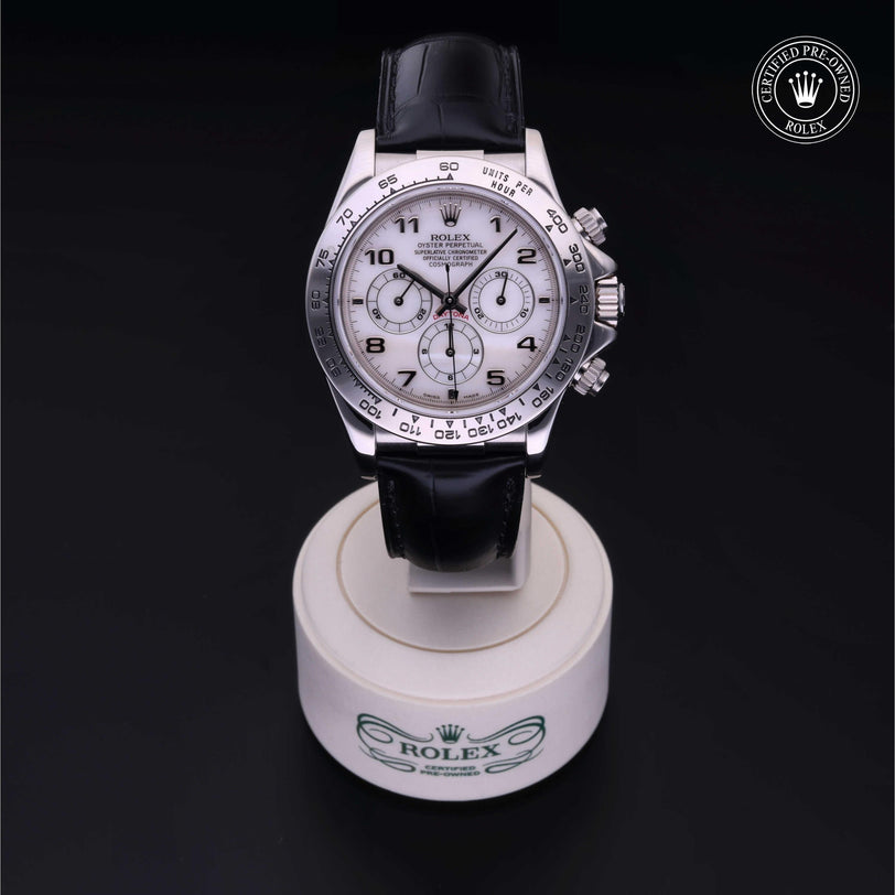 Rolex Certified Pre-owned Daytona M16519-0002 front on black background