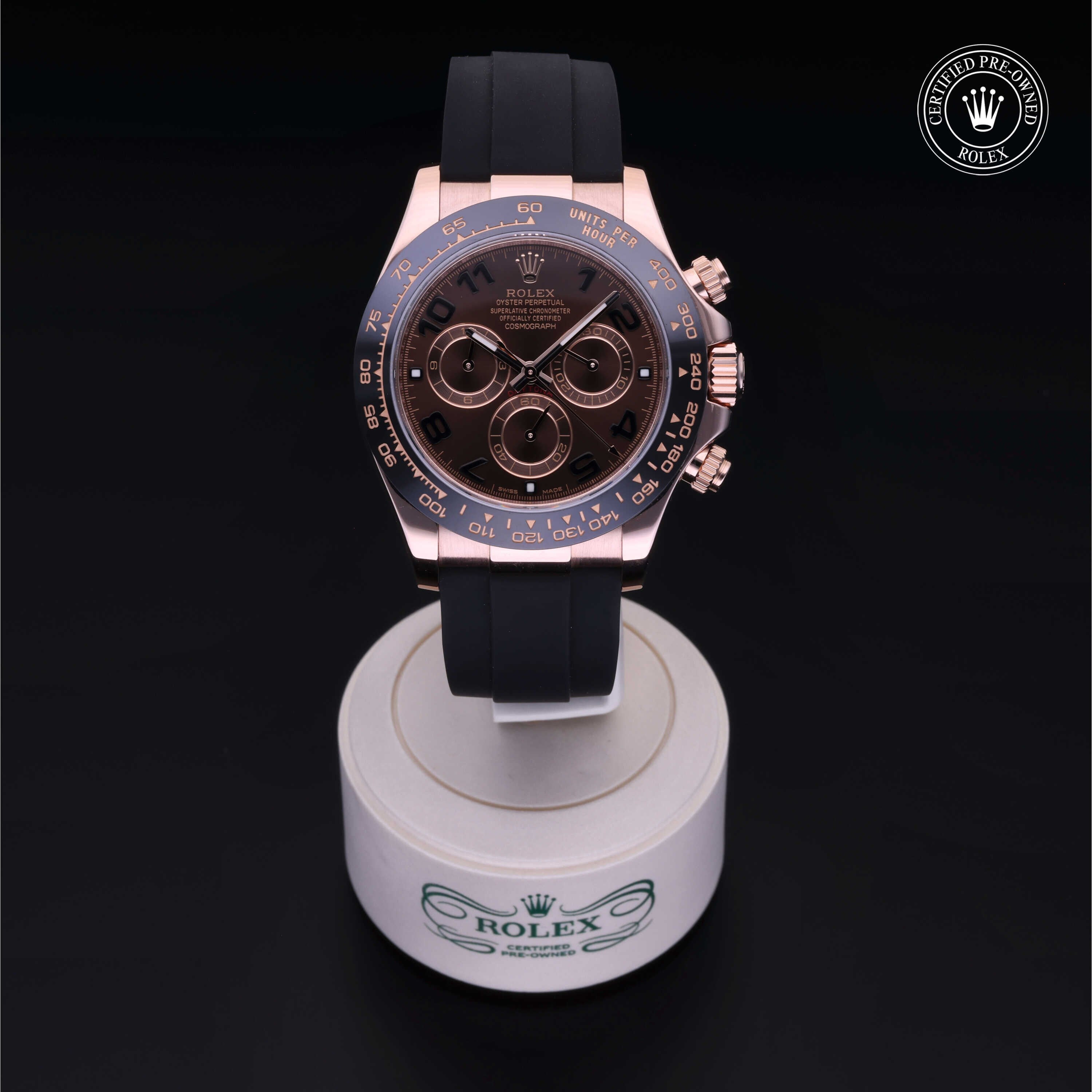 Rolex Certified Pre-owned Daytona M116515LN-0015 front on black background