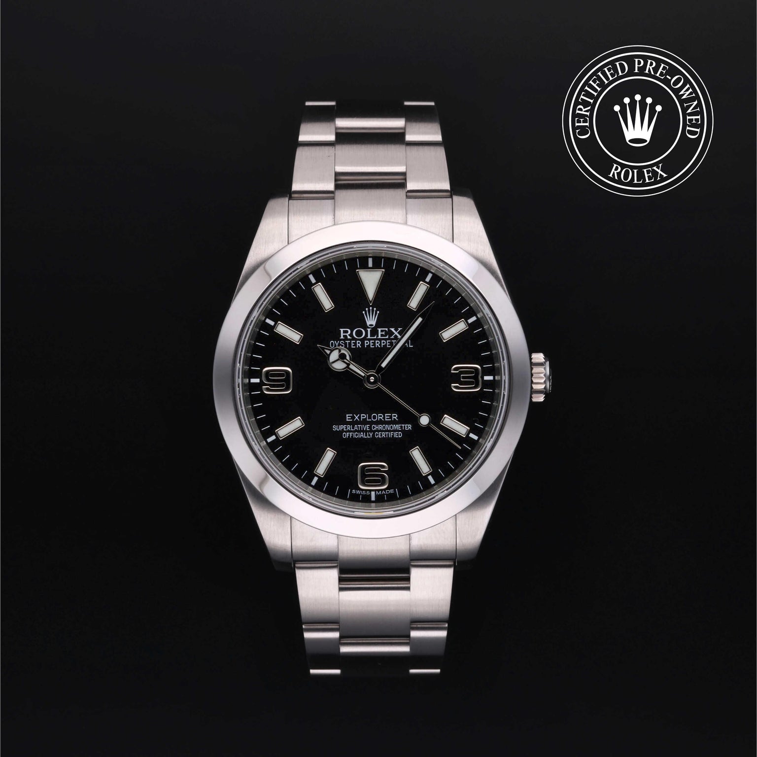 Rolex Certified Pre-owned Explorer M214270-0001 front on black background