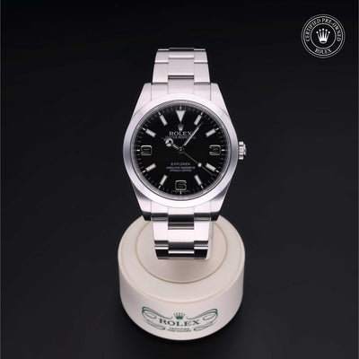 Rolex Certified Pre-owned Explorer M214270-0001 front on black background