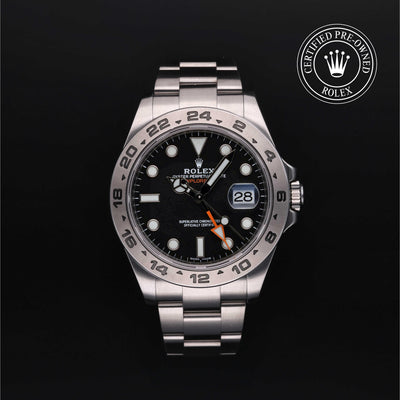 Rolex Certified Pre-owned Explorer M216570-0002 front on black background