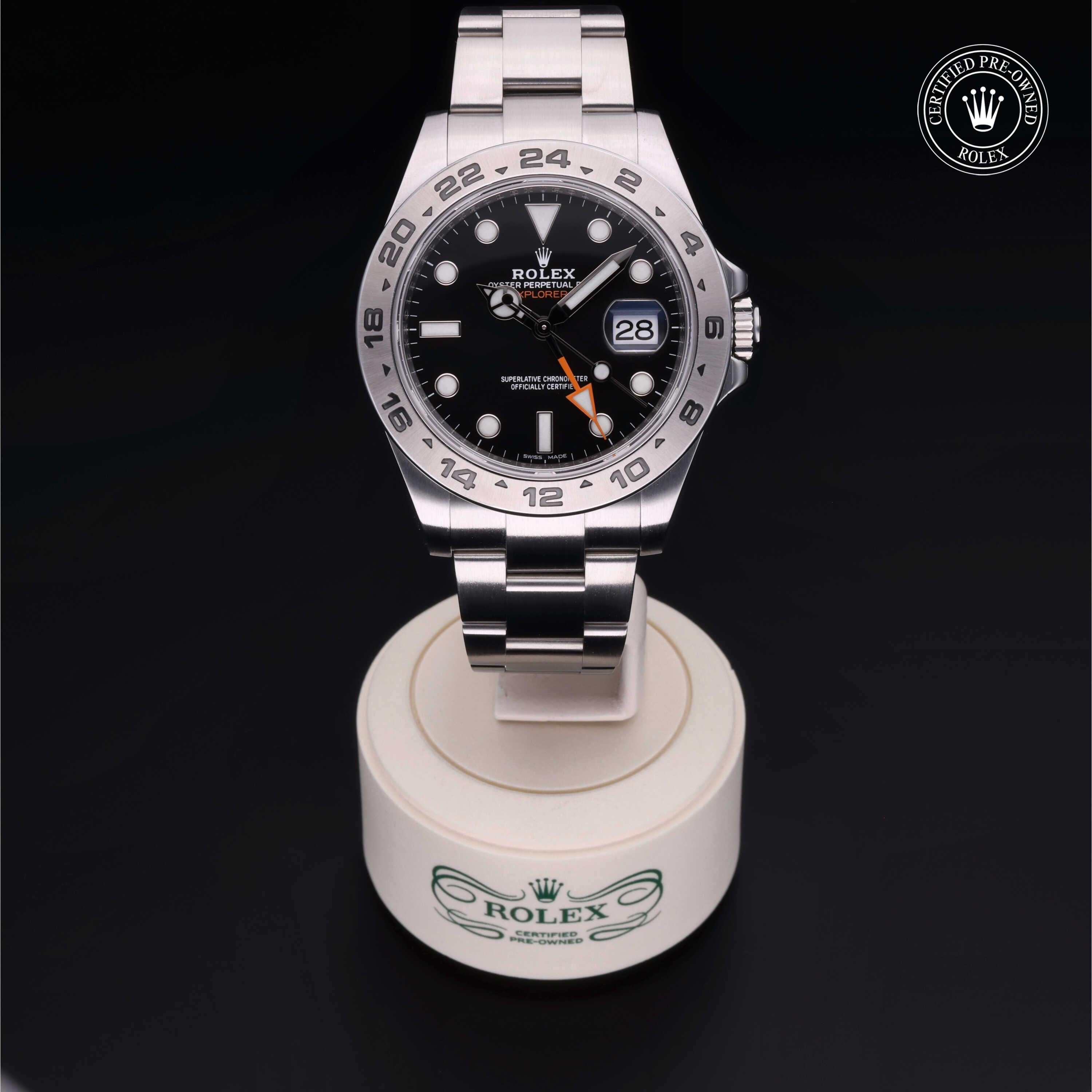 Rolex Certified Pre-owned Explorer M216570-0002 front on black background